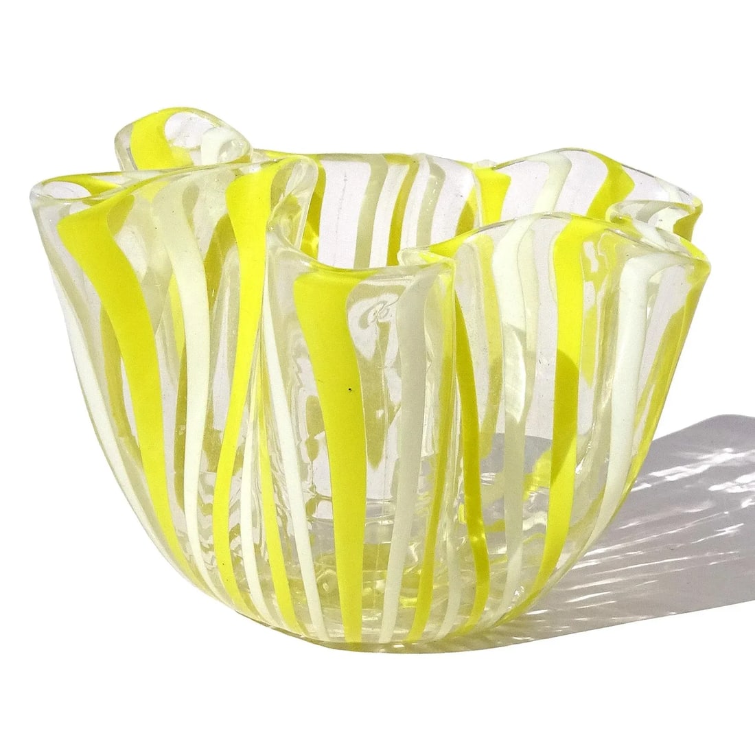 Vintage Murano Venini Bianconi Yellow White Filigrana Ribbons Italian Art Glass Decorative Fazzolett - 3