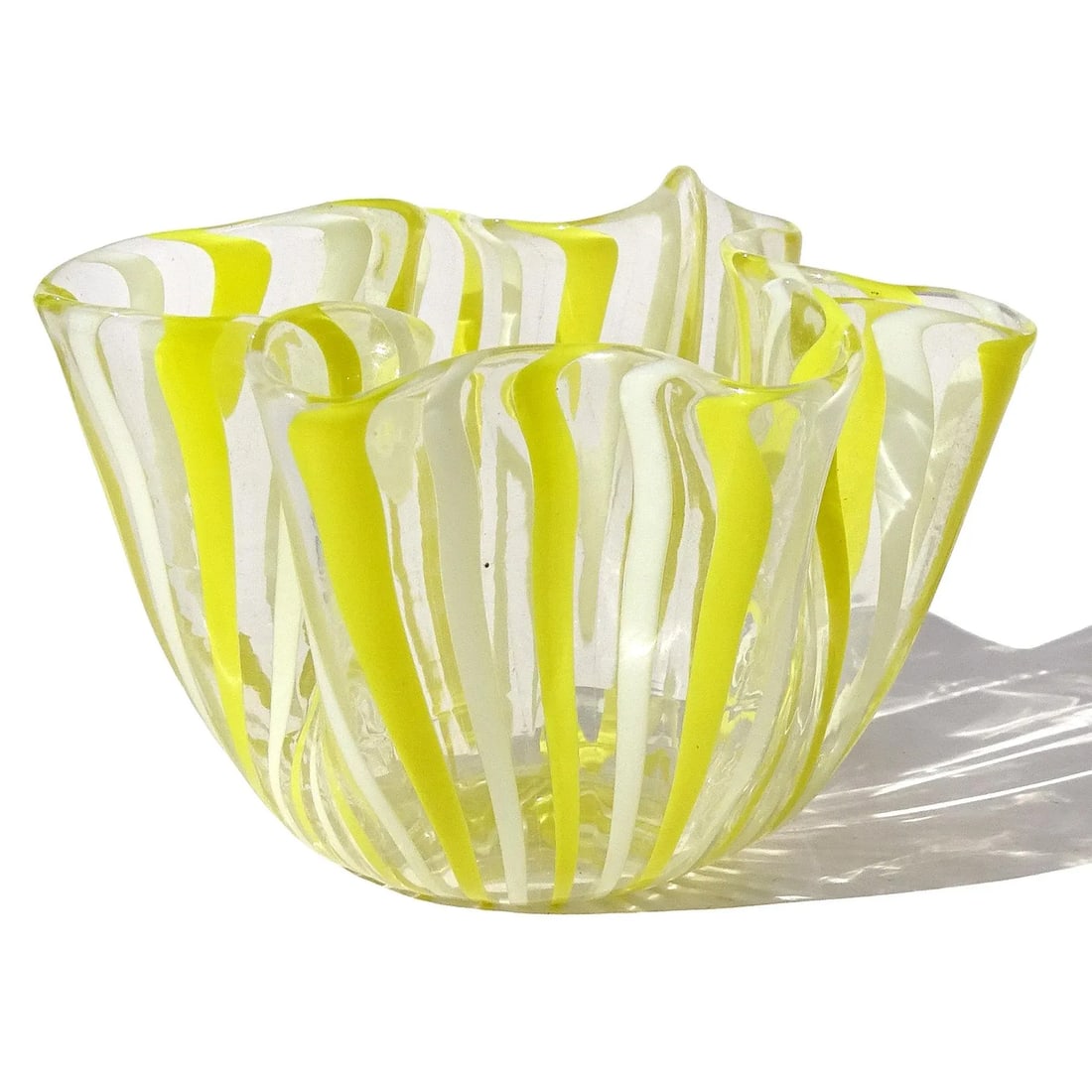 Vintage Murano Venini Bianconi Yellow White Filigrana Ribbons Italian Art Glass Decorative Fazzolett - 4
