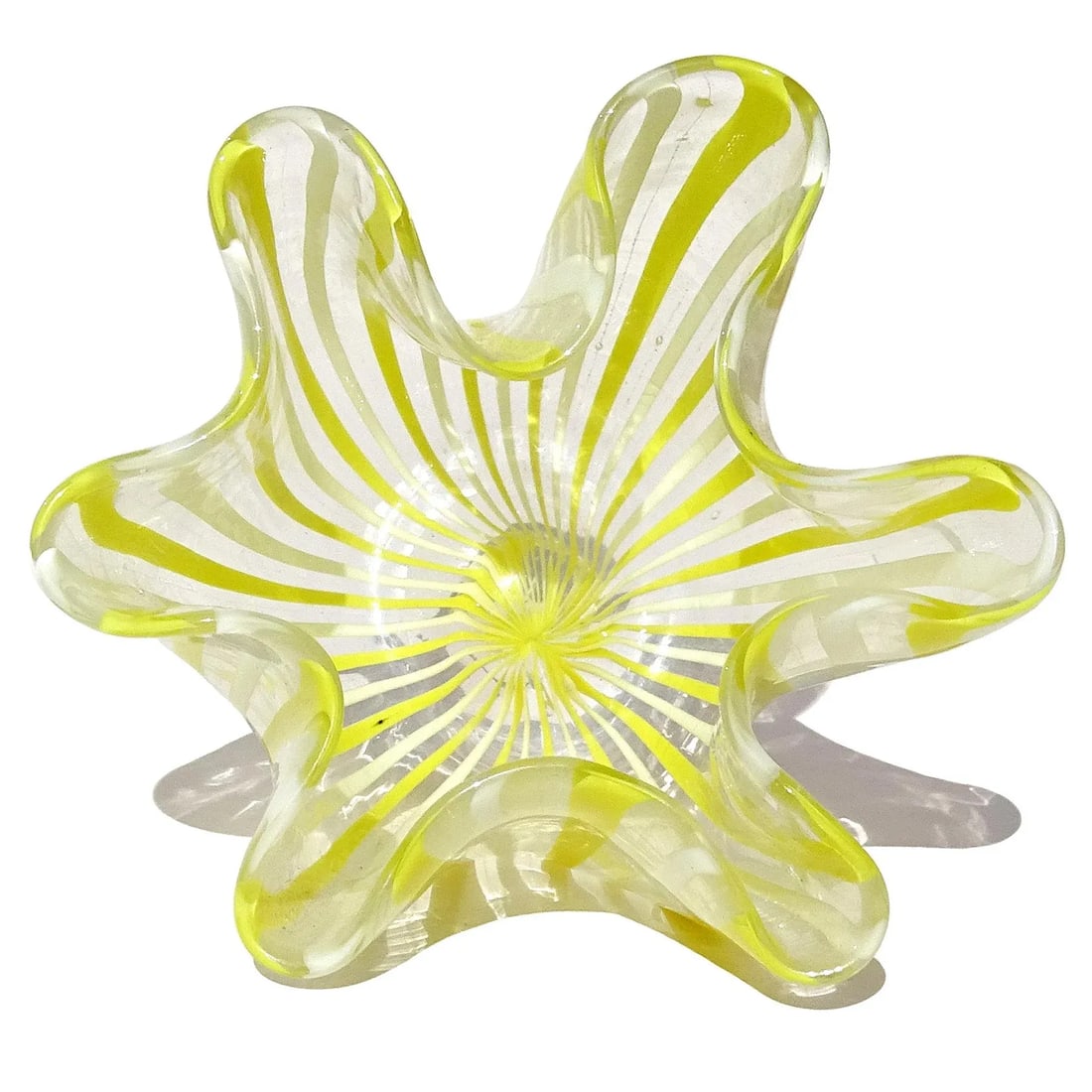 Vintage Murano Venini Bianconi Yellow White Filigrana Ribbons Italian Art Glass Decorative Fazzolett - 5