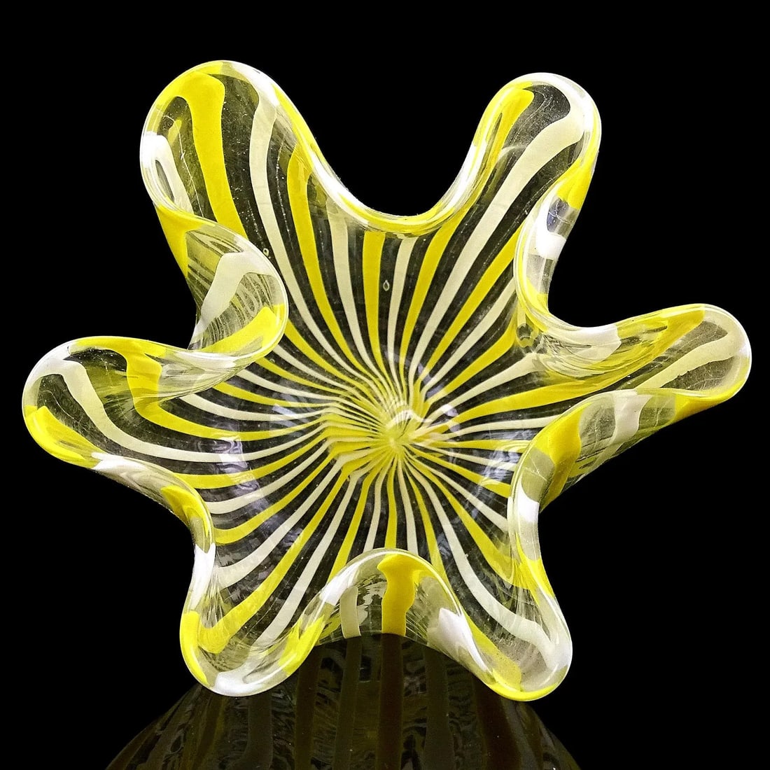 Vintage Murano Venini Bianconi Yellow White Filigrana Ribbons Italian Art Glass Decorative Fazzolett - 6