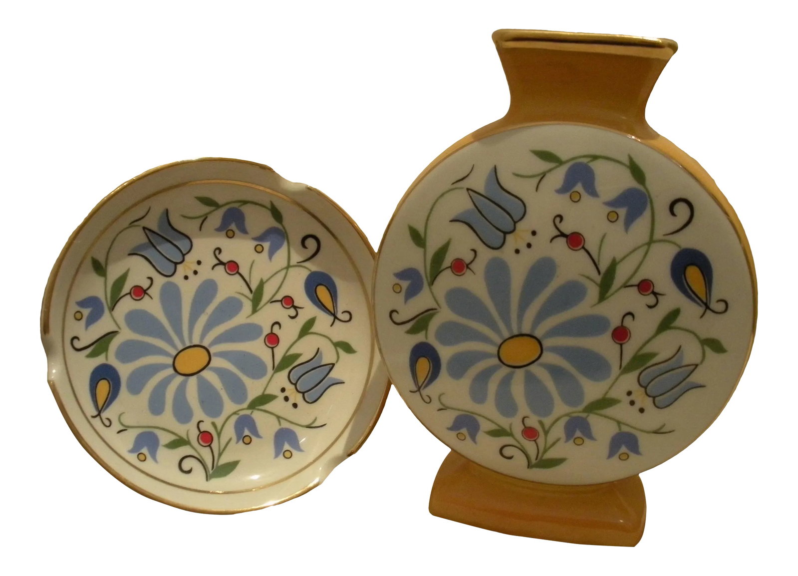 Vintage 1960s Painted Ceramic Vase & Matching Plate with 14k Gold Trim From Poland - Set of 2: This vintage 1960s, 2-piece multi-purpose ceramic set is trimmed in 14K gold. The set consists of a round with rectangular top, vase/utensil holder along with a notched plate/dish/ash tray that can be