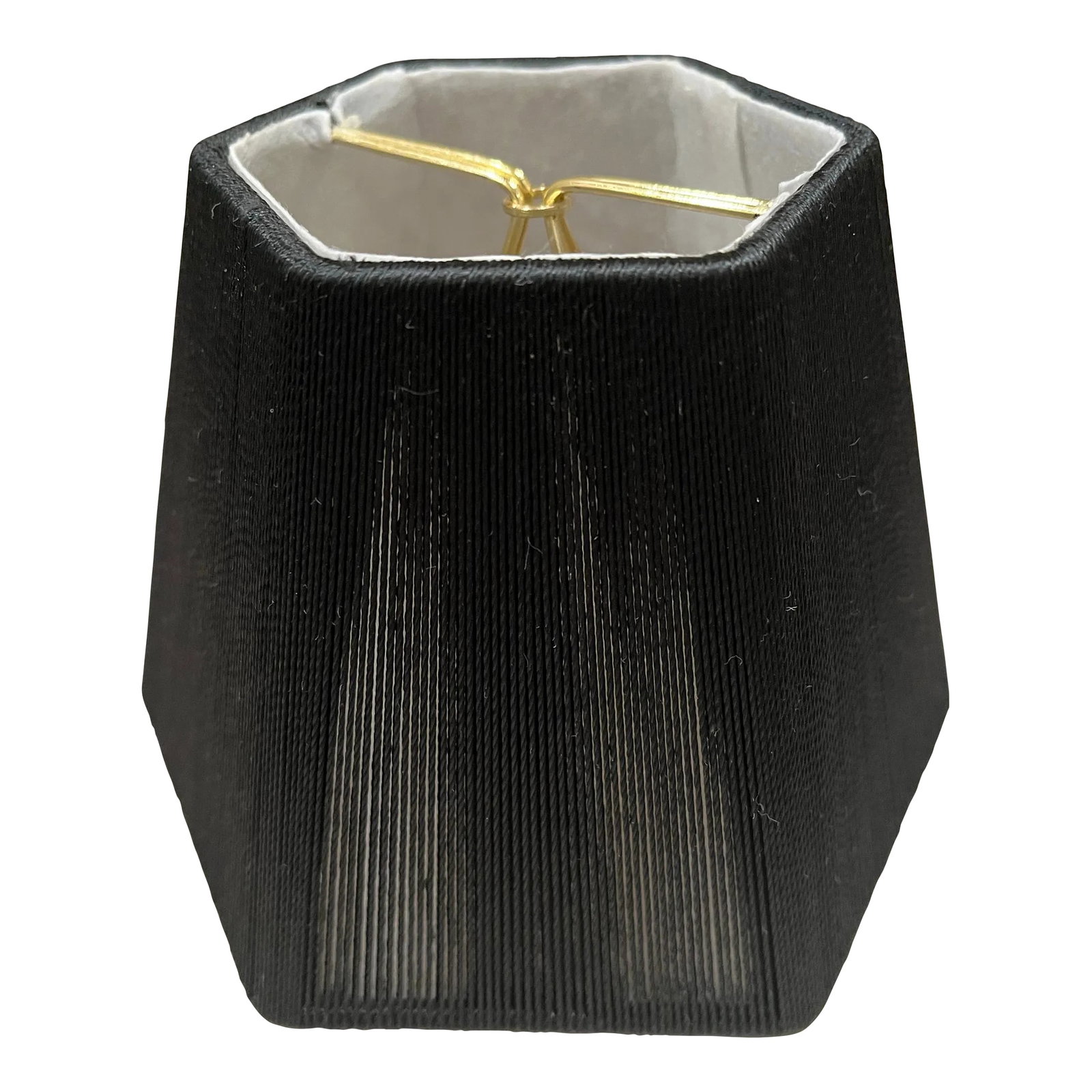 Hand Tailored Small Black Hexagonal Lamp Shade: This shade is hand made with tiny black silky strings which sets it apart from the typical silk lampshade. It is a bit transparent which makes it unusual. It is lined with a thin felt like white
