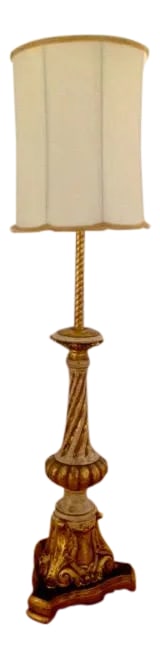 Nardini Studios Table Floor Lamp Neo-Classical Style: Grand vintage tall table floor lamp by Nardini Studios, a fine ceramic manufacturer from West Hollywood CA USA. Beautifully hand-painted with an antique gilt finish on carved wood tripod base with an