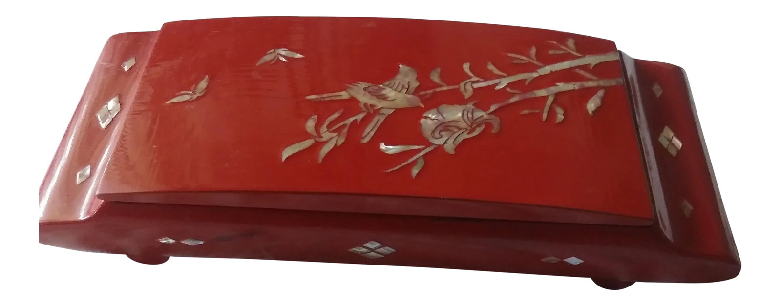 Late 20th Century Red Lacquer Mother of Pearl Inlay Ink Box: Red lacquered ink well box with mother of pearl inlay on top depicting two birds on a branch with one approaching a flower blossom. 2 butterflies are also inlaid on the top. Diamond design mother of