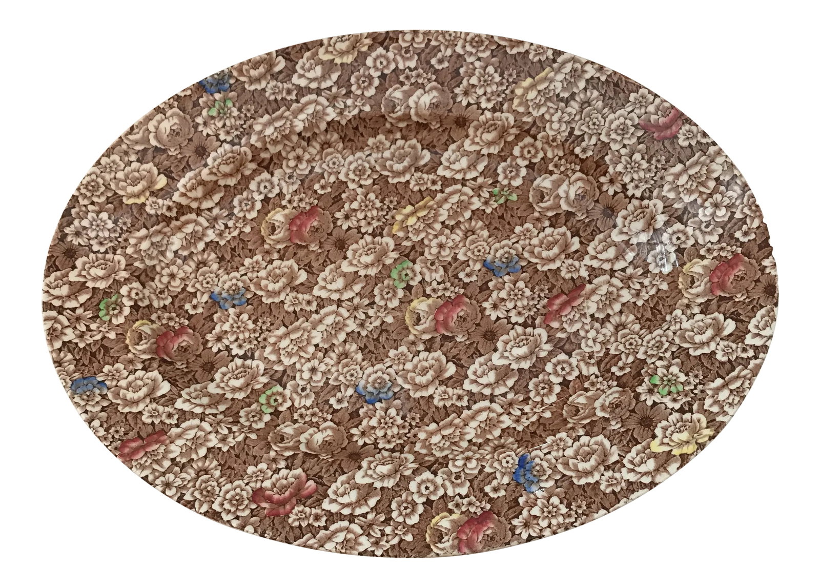 1940s Vintage Empire England Brown Chintz "Rosalie" Platter: This is a lovely brown chintz "Rosalie" patterned platter by Empire England. The piece is from the 1940s. Condition: Alterations: Original Condition Unaltered Imperfections: Some Imperfections