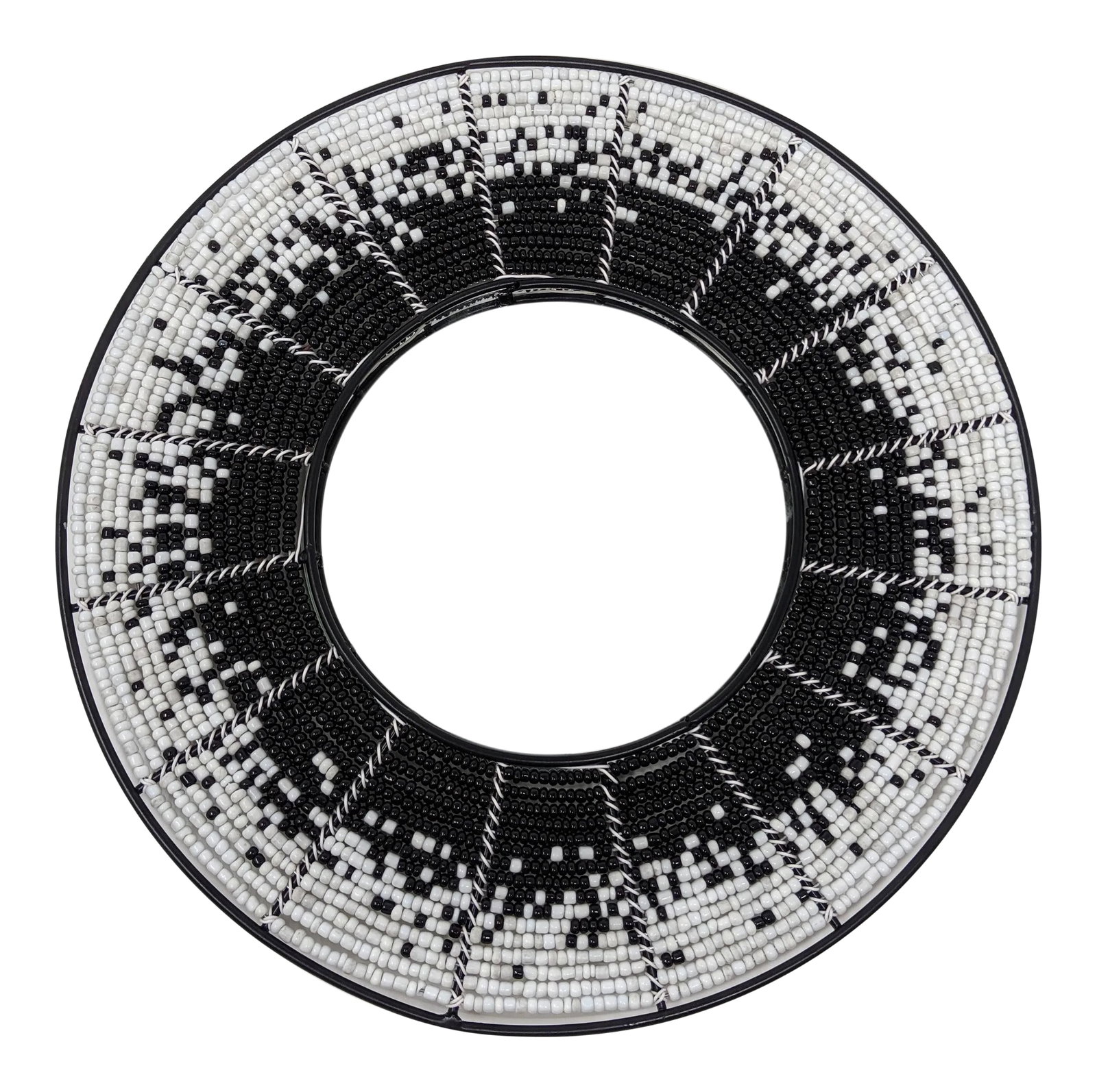 African Boho Bohemian Beaded Wall Mirror - Hand Beaded and Handmade in Black and White Starburst of