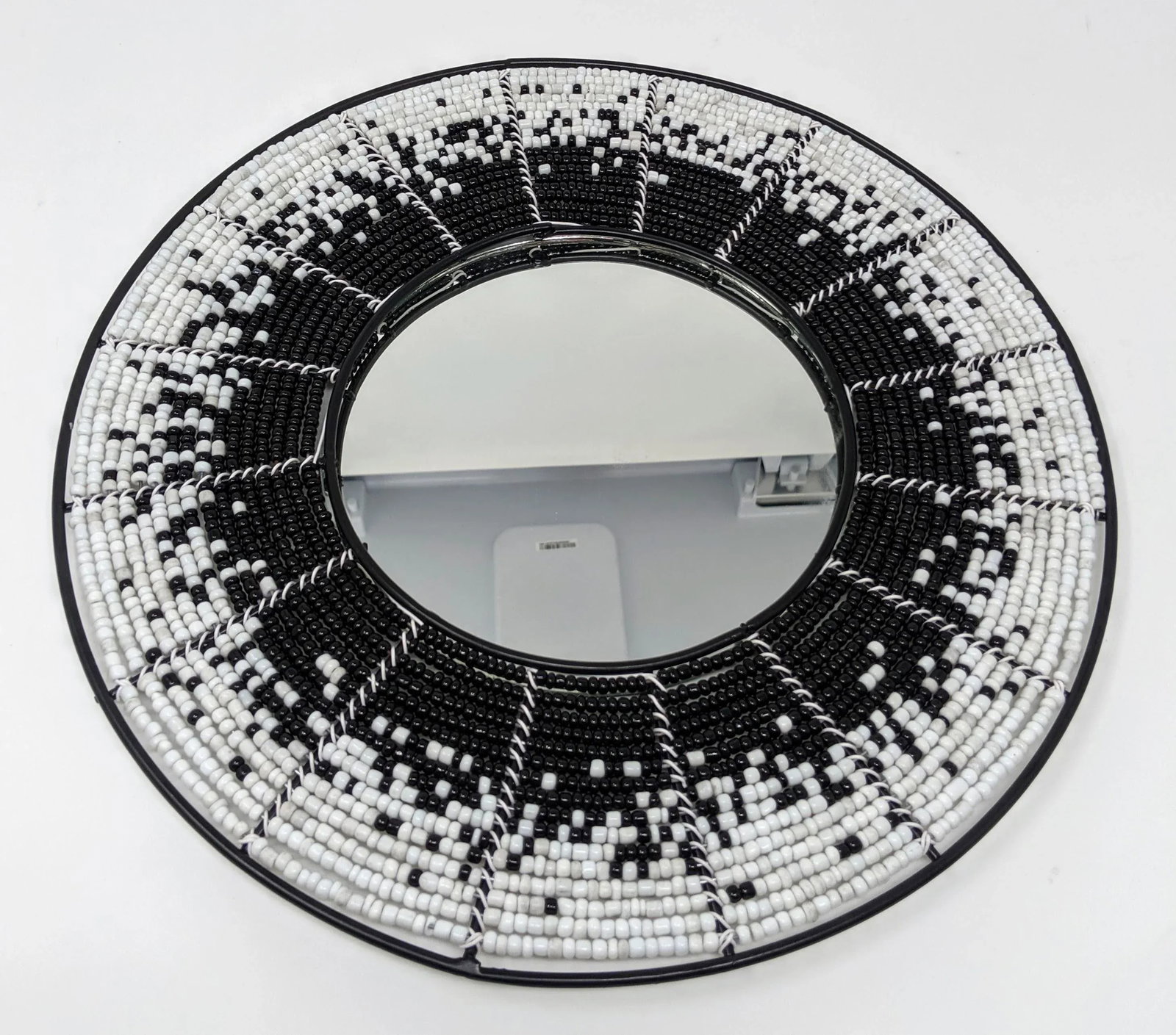 African Boho Bohemian Beaded Wall Mirror - Hand Beaded and Handmade in Black and White Starburst of - 2
