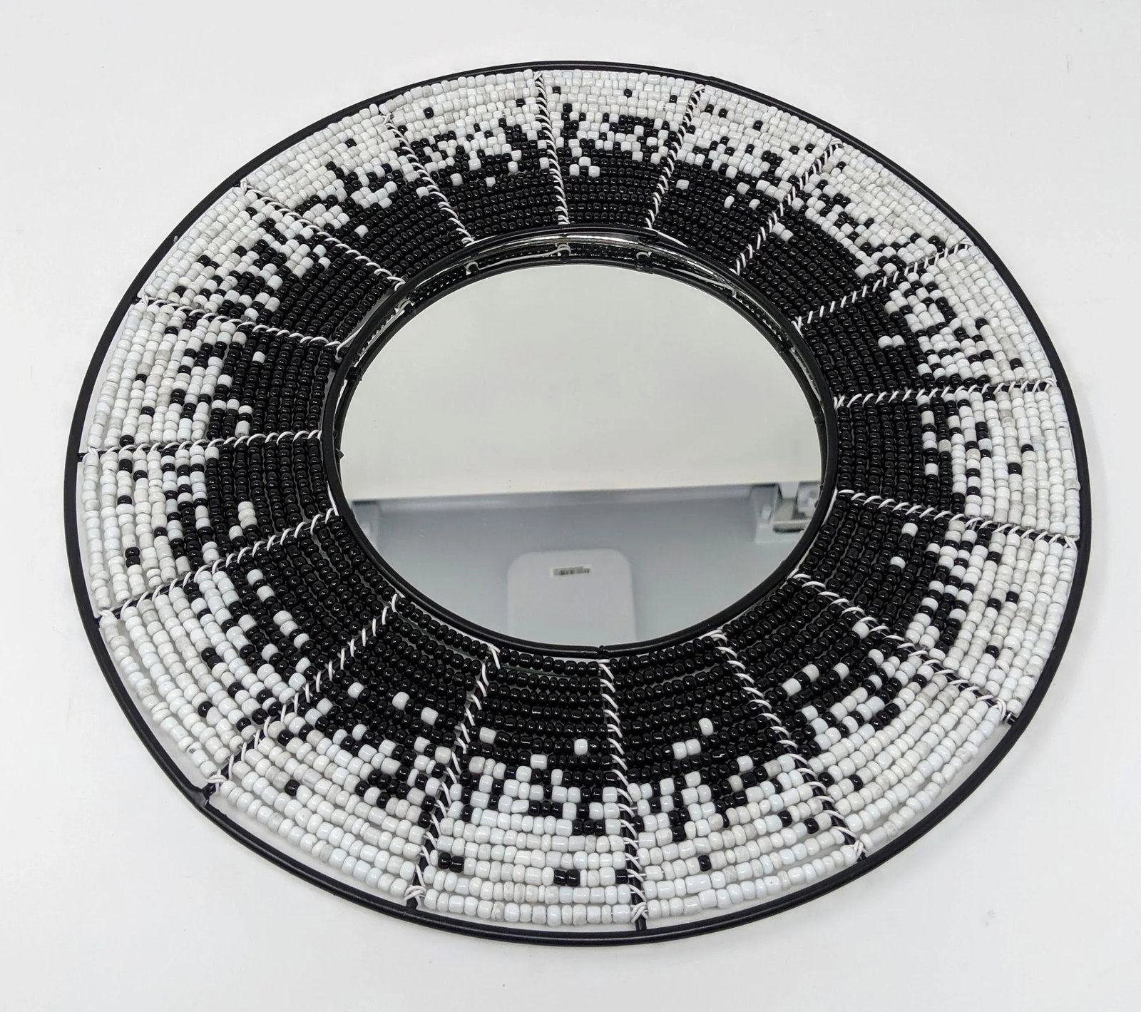 African Boho Bohemian Beaded Wall Mirror - Hand Beaded and Handmade in Black and White Starburst of - 3