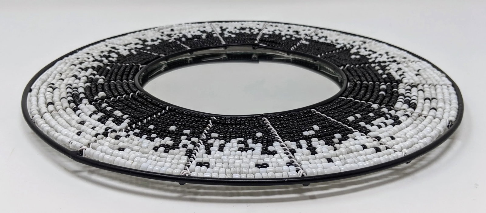 African Boho Bohemian Beaded Wall Mirror - Hand Beaded and Handmade in Black and White Starburst of - 4