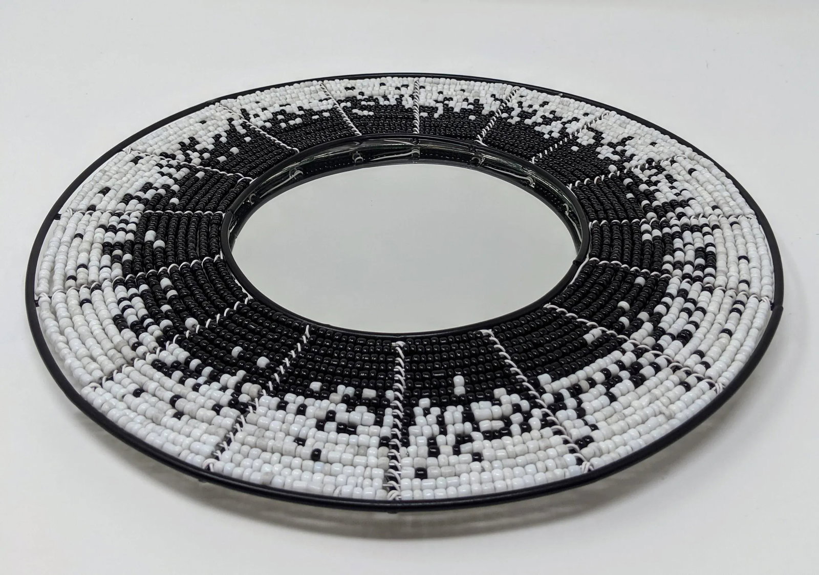 African Boho Bohemian Beaded Wall Mirror - Hand Beaded and Handmade in Black and White Starburst of - 5