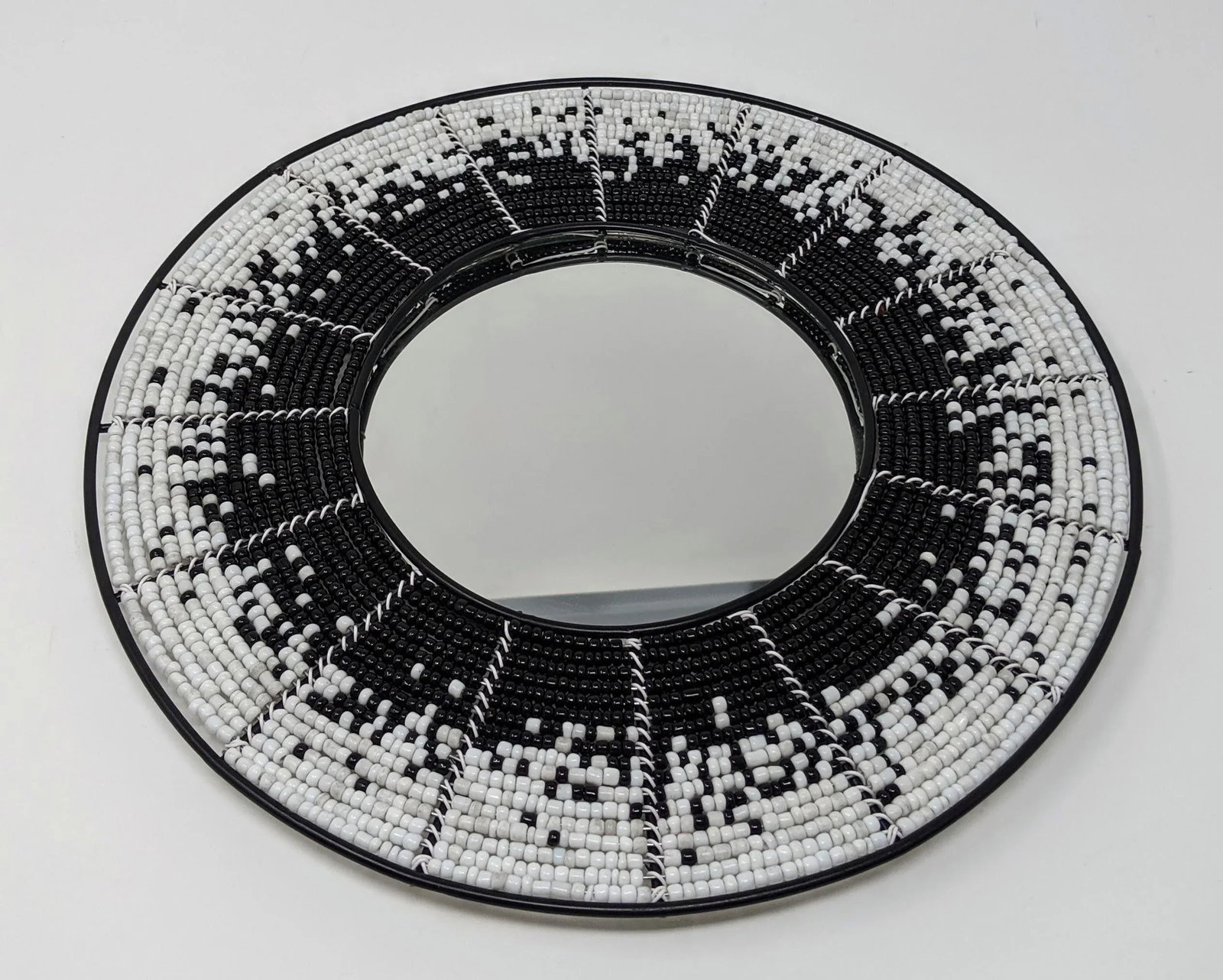 African Boho Bohemian Beaded Wall Mirror - Hand Beaded and Handmade in Black and White Starburst of - 6