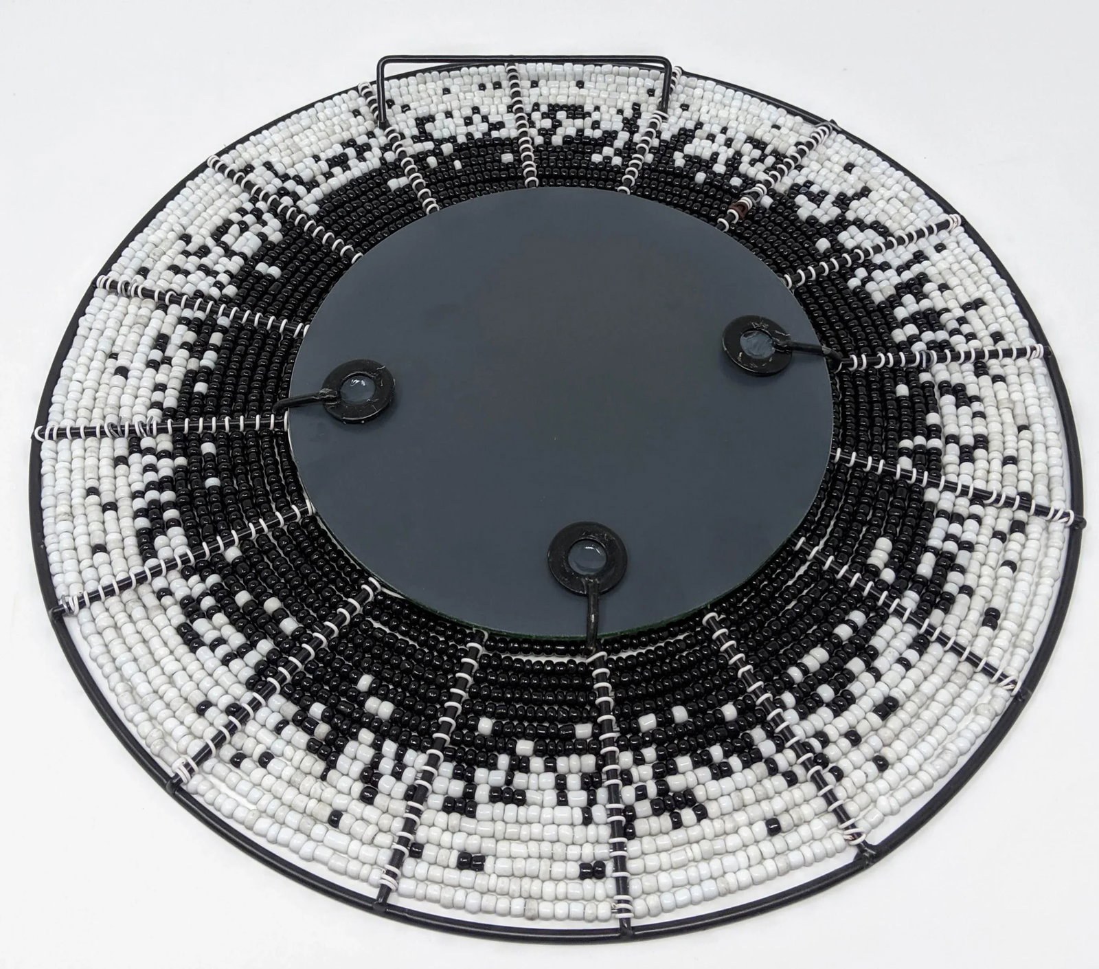 African Boho Bohemian Beaded Wall Mirror - Hand Beaded and Handmade in Black and White Starburst of - 7