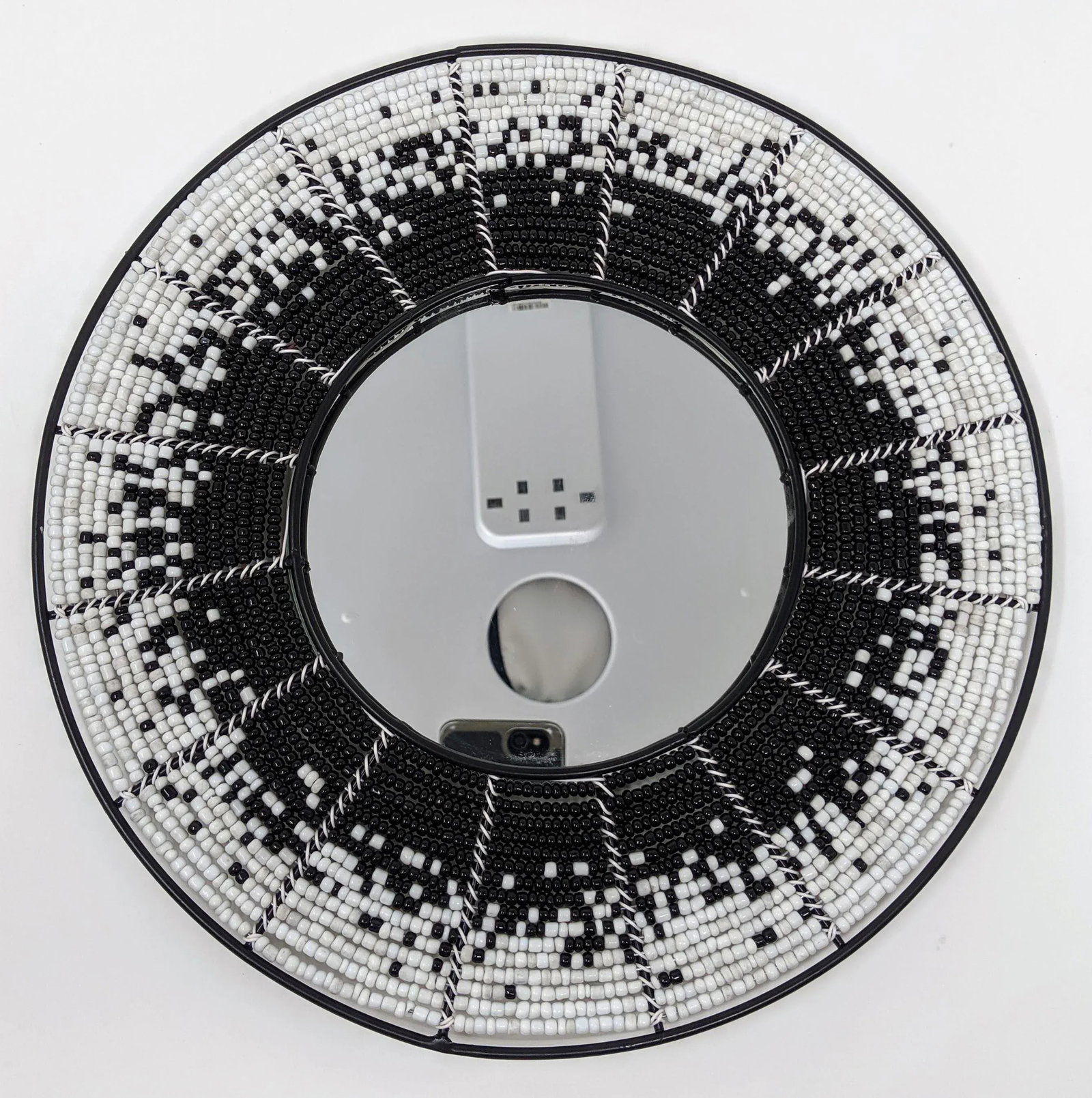 African Boho Bohemian Beaded Wall Mirror - Hand Beaded and Handmade in Black and White Starburst of - 8