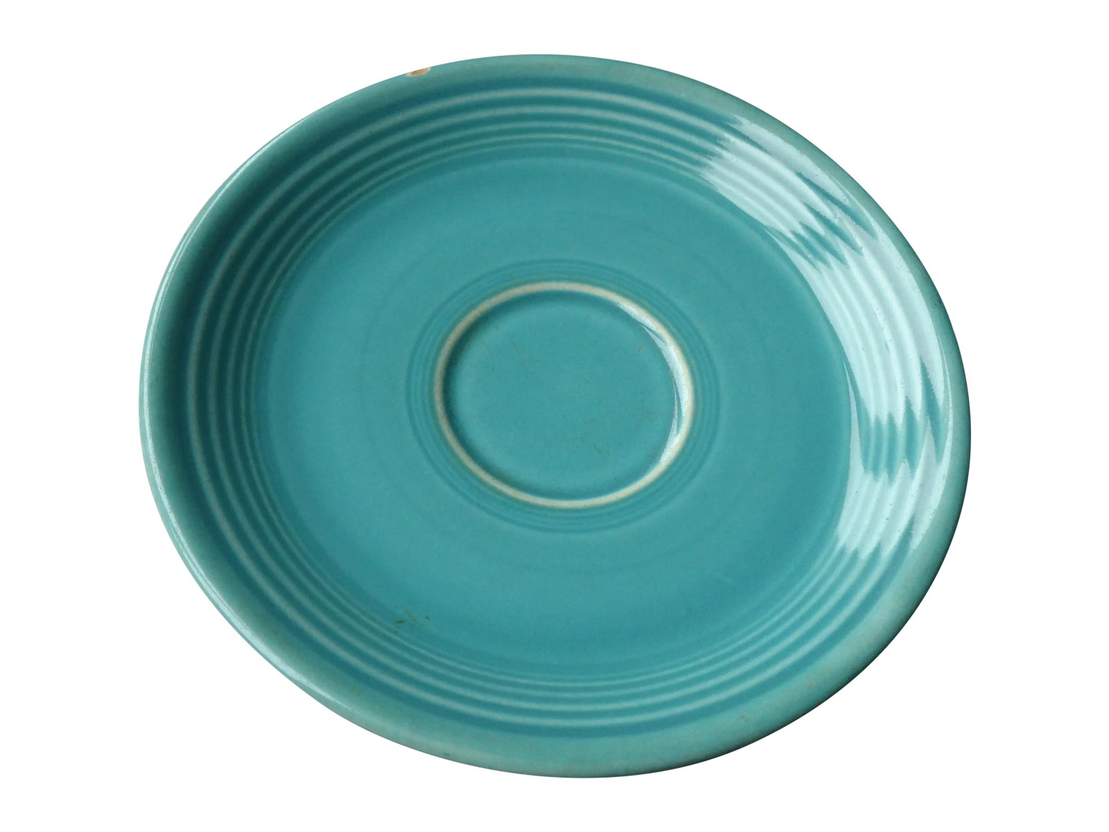 Vintage Turquoise Fiestaware Saucer: Vintage turquoise blue Fiestaware sauce plate homer laughlin. Used/Pre-Owned: Item has brown scratches on the top. A chip on the top edge/lip/side. You can clearly see the three casting marks on the