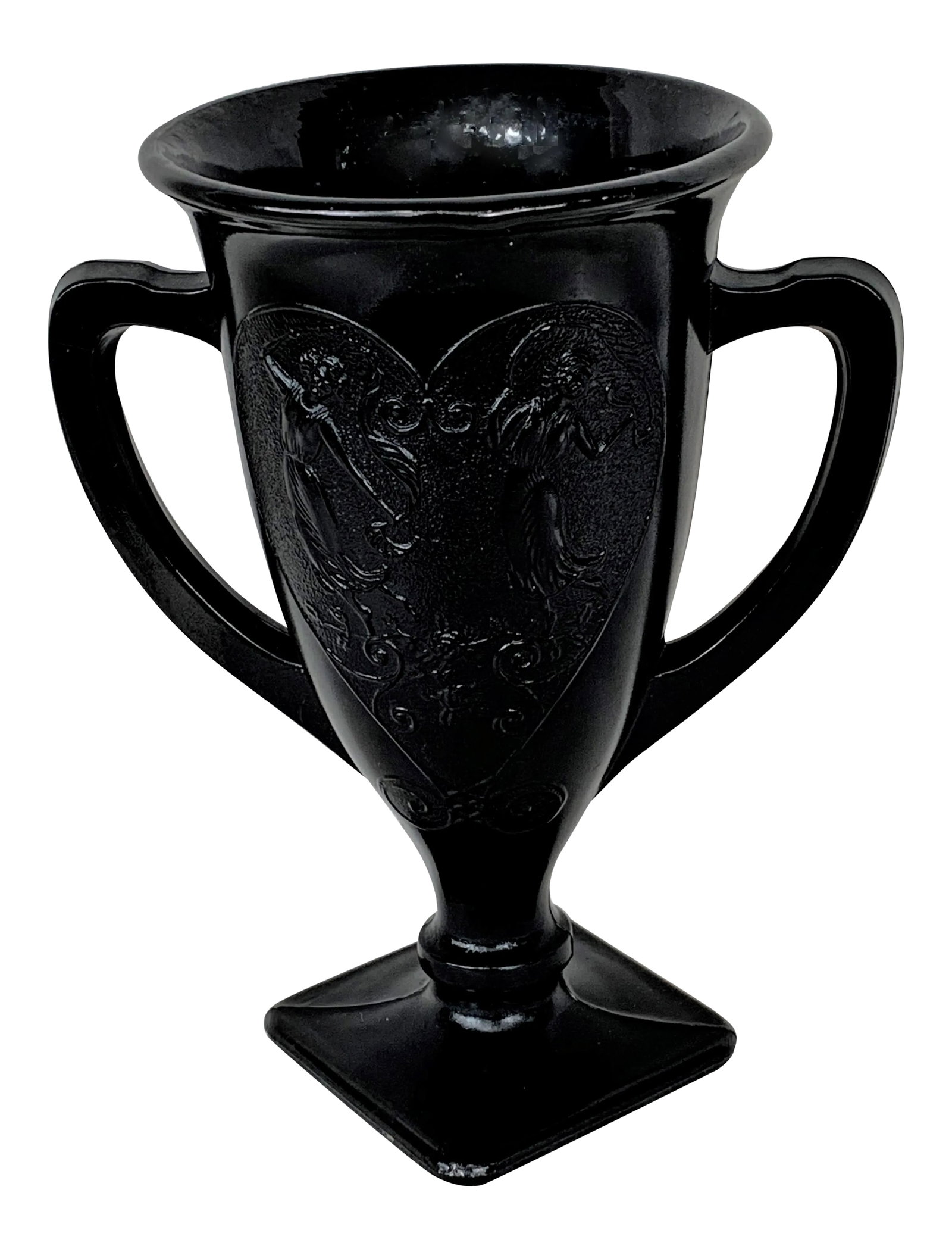 Black Amethyst Glass Vase: Vintage black amethyst glass two handled vase decorated with dancing nymphs. This is a pre-owned item so please see all pictures and ask any questions. Condition: Alterations: Original Condition