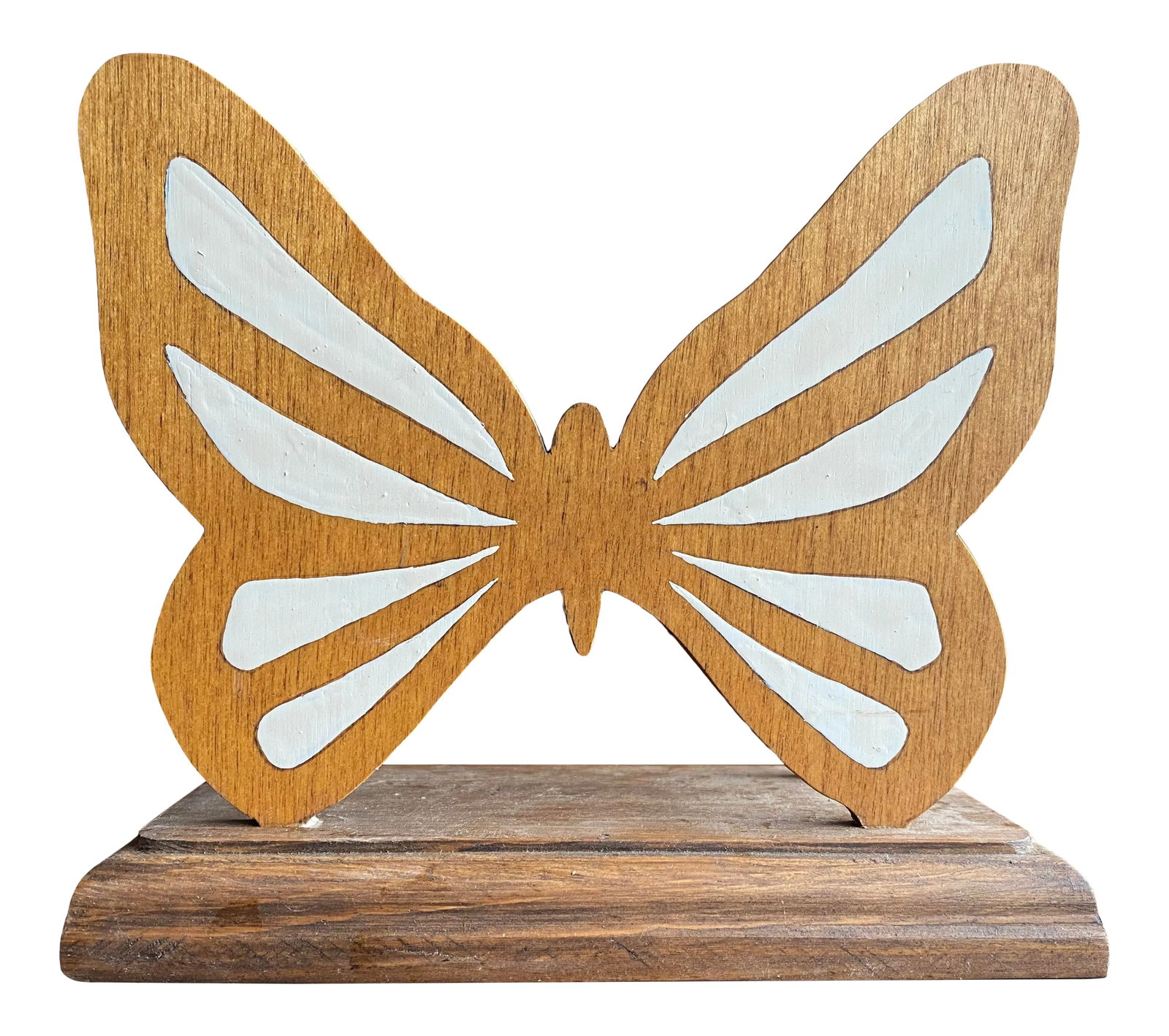 Late 20th Century Handmade Wooden Butterfly Letter Organizer: Vintage handmade wooden butterfly napkin holder / mail holder. Beautiful with an organic bohemian look, this napkin holder has a simple butterfly both sides. Perfect size for organizing mail, desktop