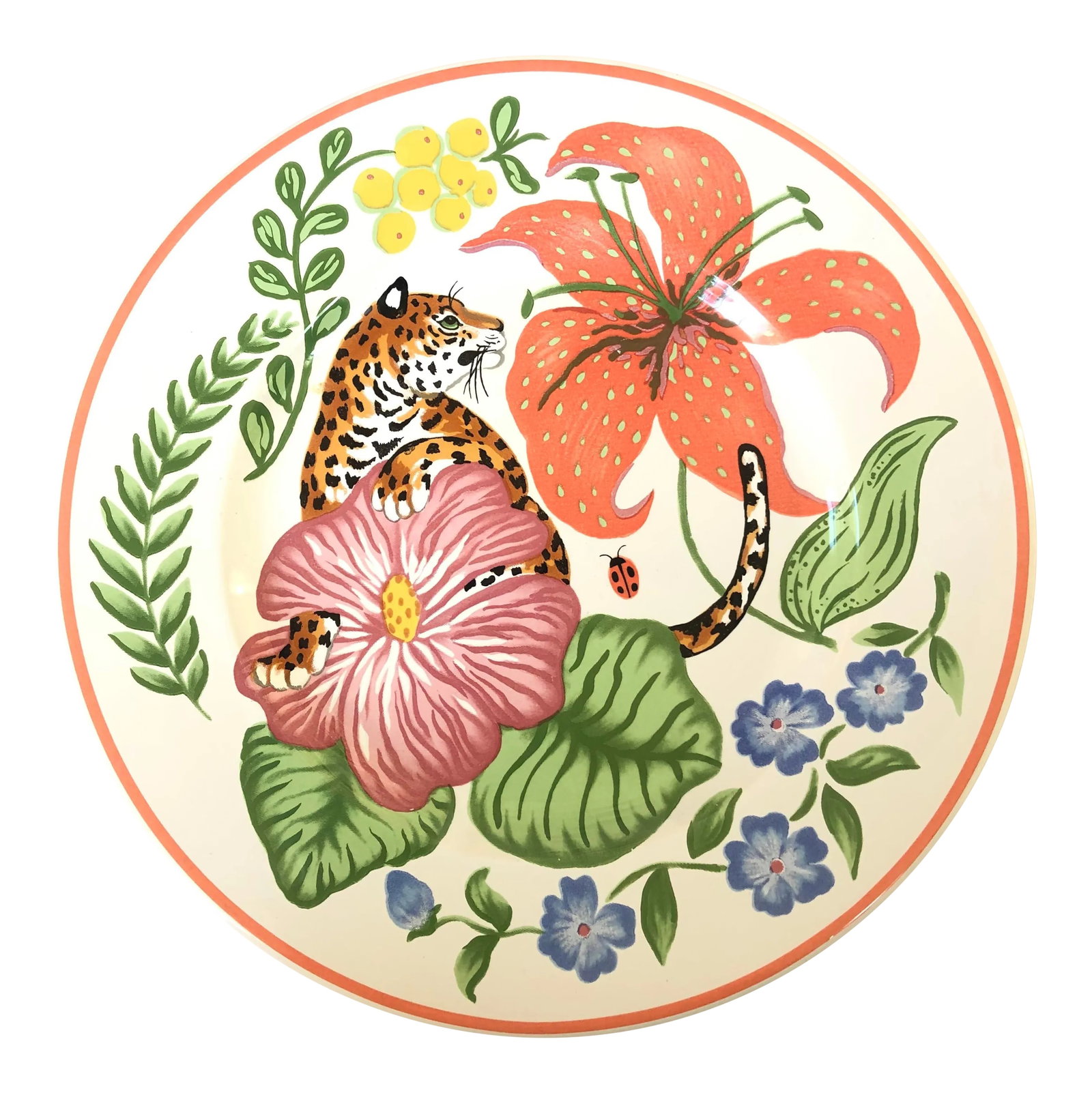 Lynn Chase Jungle Flowers Luncheon Plate, Made in France: Jungle Flowers 9 inch dessert or salad plate. Made in France by Lynn Chase designs, 1995. Add to your collection or hang as an accent piece. Condition: Alterations: Original Condition Unaltered Imperf