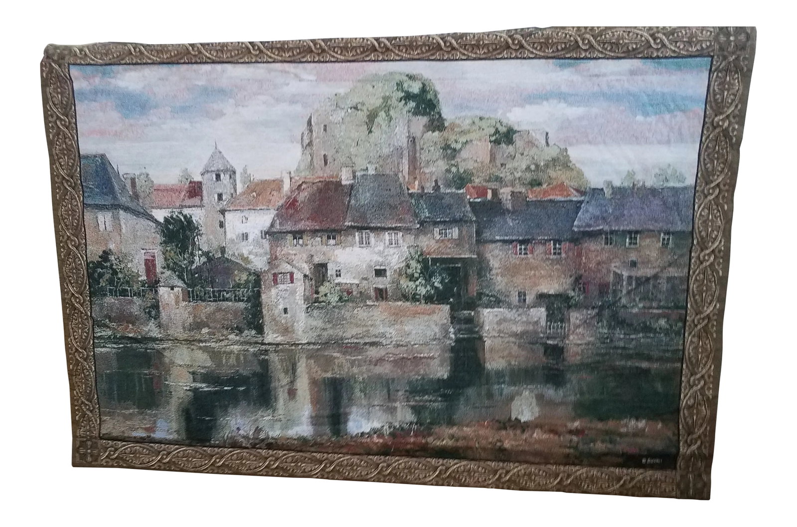 Vintage "Mohawk" Classic Collection Roger Duvall Tapestry of La Seyne Sur Mer: Mohawk's Classic Collection of Roger Duvall's La Seyne Sur Mer. Large" Old World" Tapestry. Beautiful Wall Hanging . Made of Polyester and Acrylic. The Back is Black Cotton. The Edging on the
