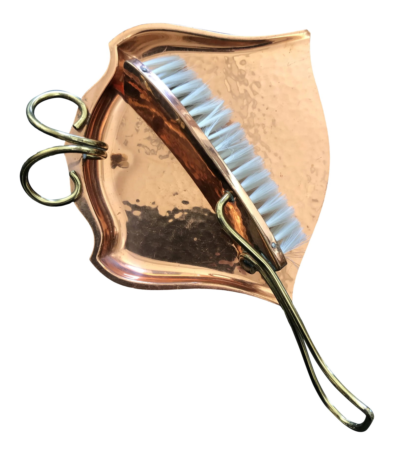 Dining Table Dustpan and Brush: Charming mid-century copper and brass dustpan and brush. Condition: Alterations: Original Condition Unaltered Imperfections: Some Imperfections Condition Notes: Patina at underside of pan, brush coppe