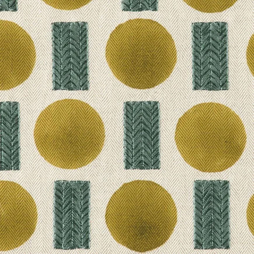 Pollack Polka Lilypad Fabric Remnant: Vibrant embroidered linen cotton blend with chartruese and teal accents in a geometric pattern. width52.3" repeat3 1/4" wide x 3 3/4" high content36% linen 35% rayon 29% cotton weight18.16 oz.