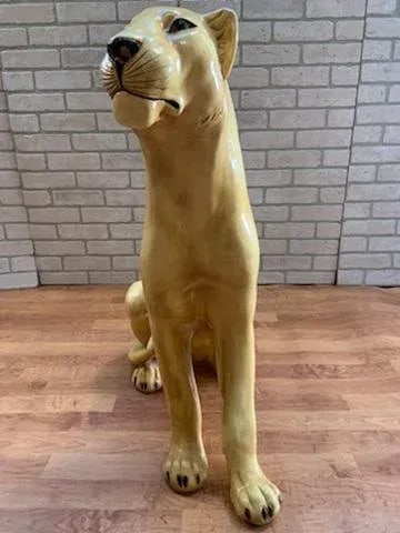 Vintage Italian Life Size Glazed Terracotta Mountain Lion Figurine - 2