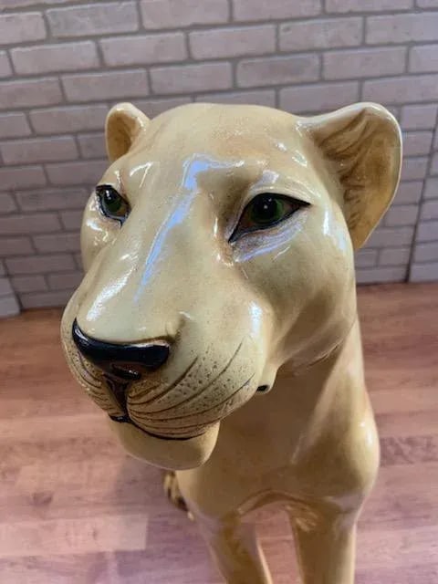 Vintage Italian Life Size Glazed Terracotta Mountain Lion Figurine - 3
