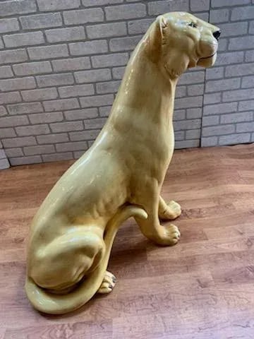Vintage Italian Life Size Glazed Terracotta Mountain Lion Figurine - 4