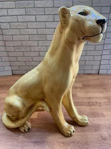 Vintage Italian Life Size Glazed Terracotta Mountain Lion Figurine - 6
