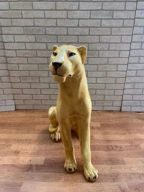 Vintage Italian Life Size Glazed Terracotta Mountain Lion Figurine - 8