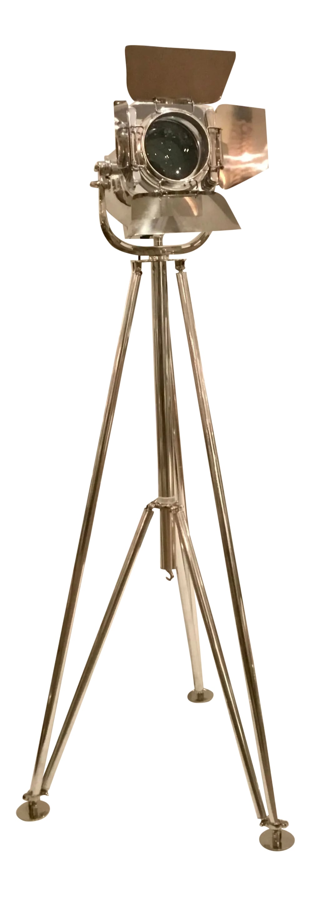 Modern Polished Nickel Theatre Light Floor Lamp: Unique Vintage Style Modern Polished Nickel Theatre Light Floor Lamp, tripod base, adjustable, showroom floor sample Condition: Imperfections: Some Imperfections Condition Notes: Showroom floor