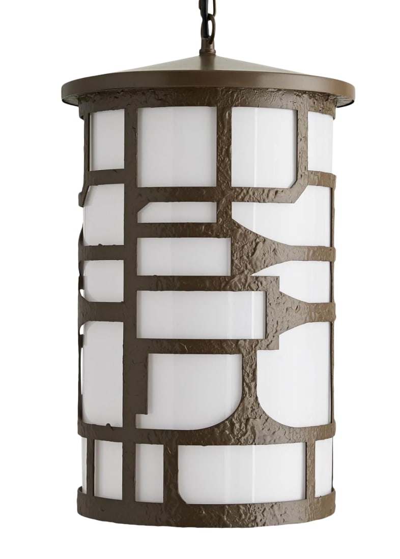 Arteriors Mid-Century Modern Inspired Antique Brass Finished and Opal Glass Indoor/Outdoor Shani Pen: Original Retail $1870, stylish Arteriors Mid-Century Modern Inspired Antique Brass Finished and Opal Glass Indoor/Outdoor Shani Pendant Light, showroom floor Sample Condition: Imperfections: Some Impe