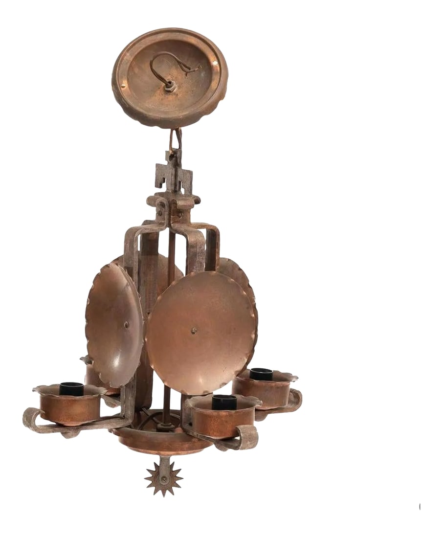 Vintage w.r. Dallas Copper Four Light Chandelier: An extremely rare, vintage four light candle style hanging lamp chandelier by W.R. Dallas. Having elements of Western Ranch, Lodge and Country Farmhouse, combining to make a strong, rugged, rusticaly 