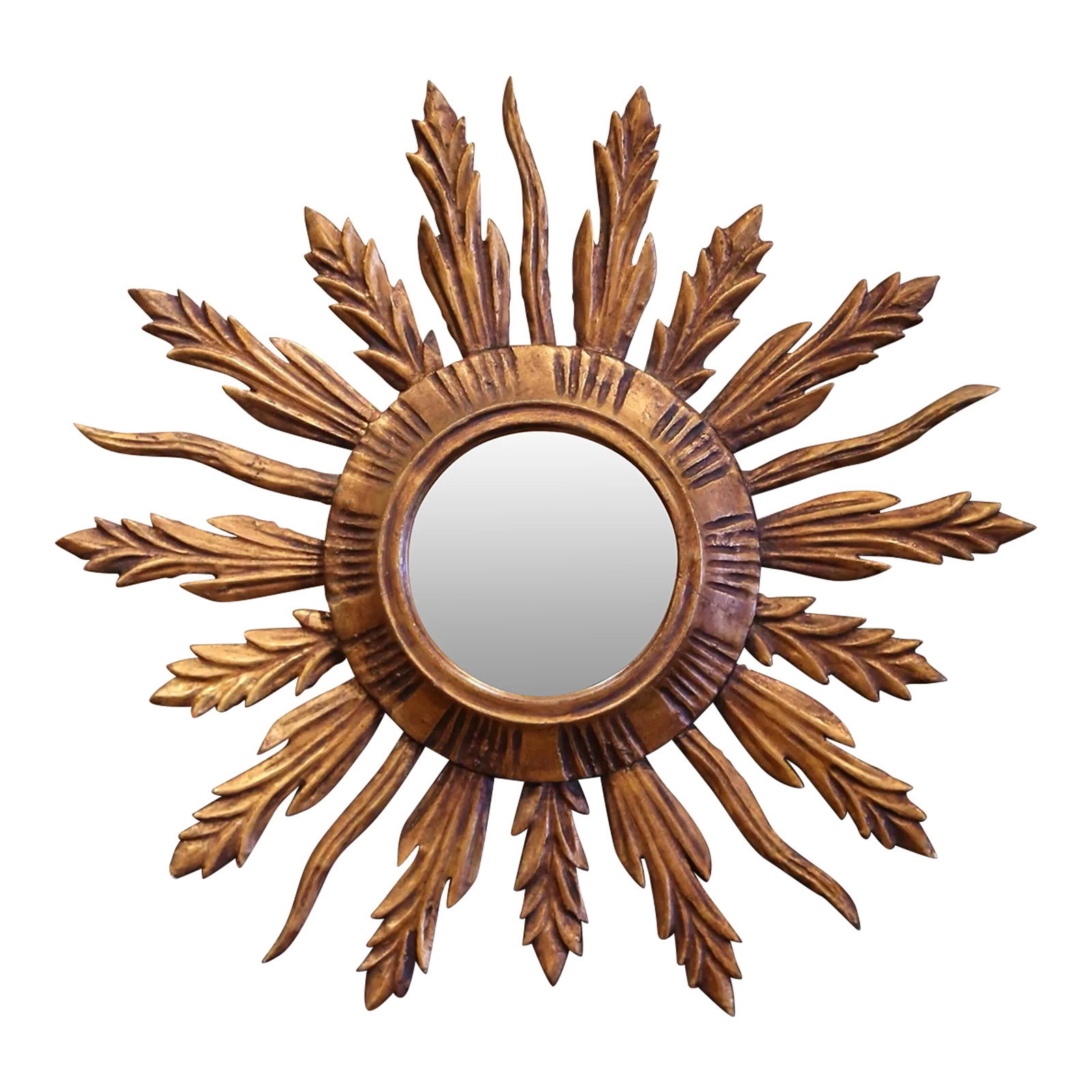 Mid-Century French Carved Giltwood Painted Wall Sunburst Mirror: Add a beautiful shine to your home with this eye-catching sun mirror from Versailles, France. Created circa 1970, the giltwood mirror has a Classic sunbeam shape with hand carved leaf-shape rays, a
