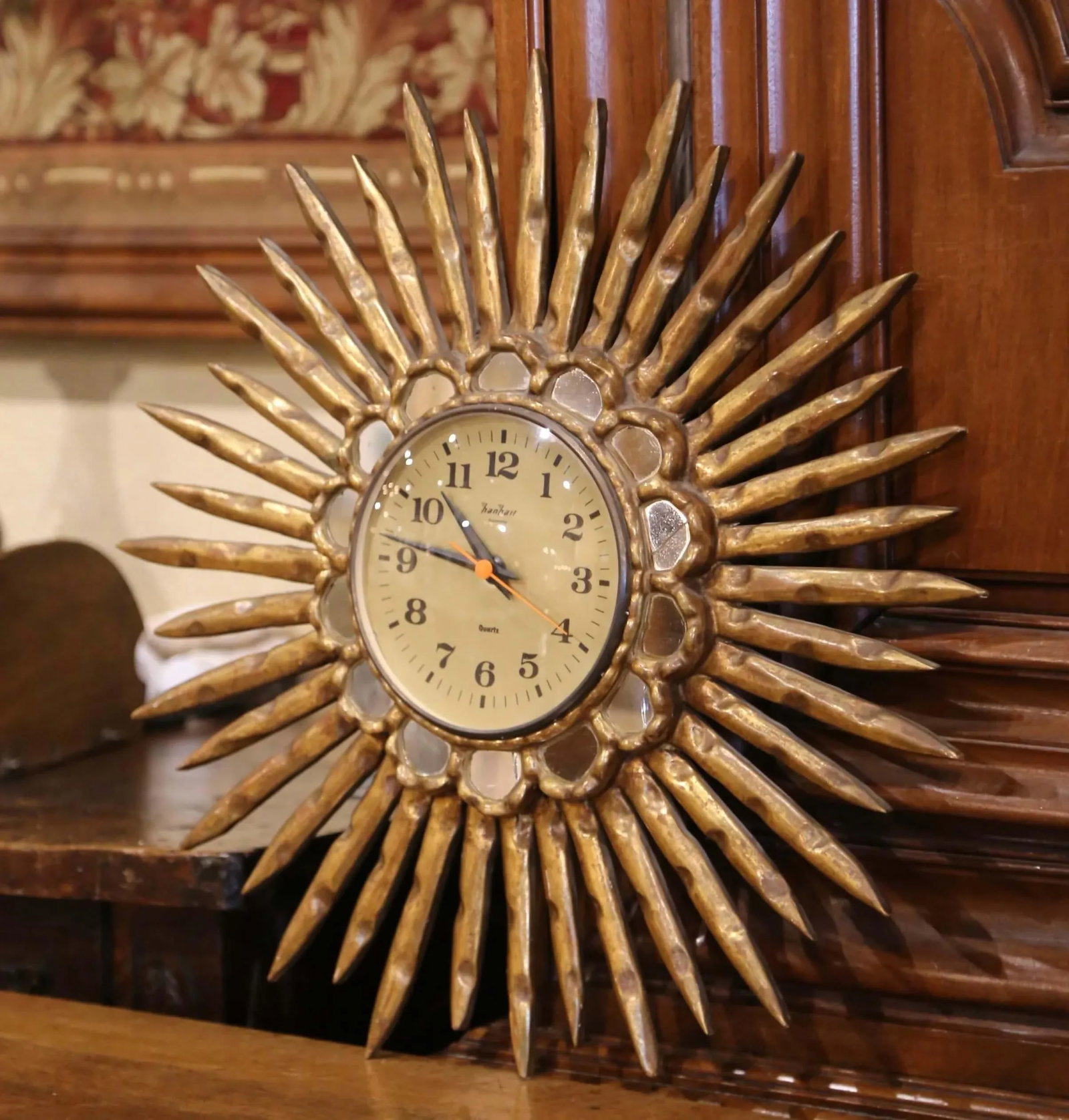 Mid 20th Century Mid-Century Spanish Carved Giltwood Sunburst Wall Clock With Mirrored Insets - 2