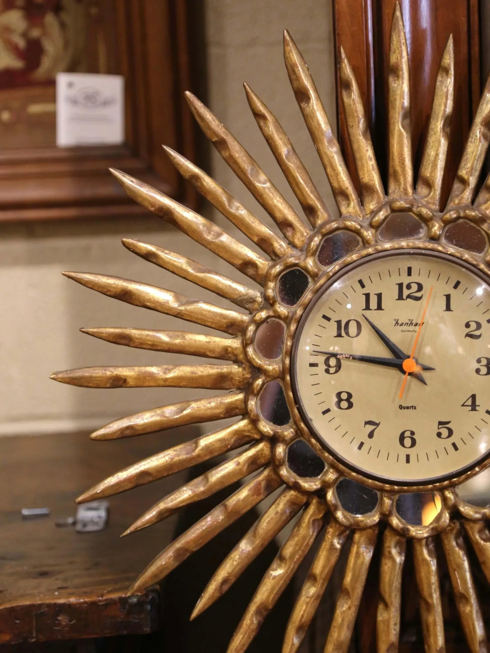 Mid 20th Century Mid-Century Spanish Carved Giltwood Sunburst Wall Clock With Mirrored Insets - 3
