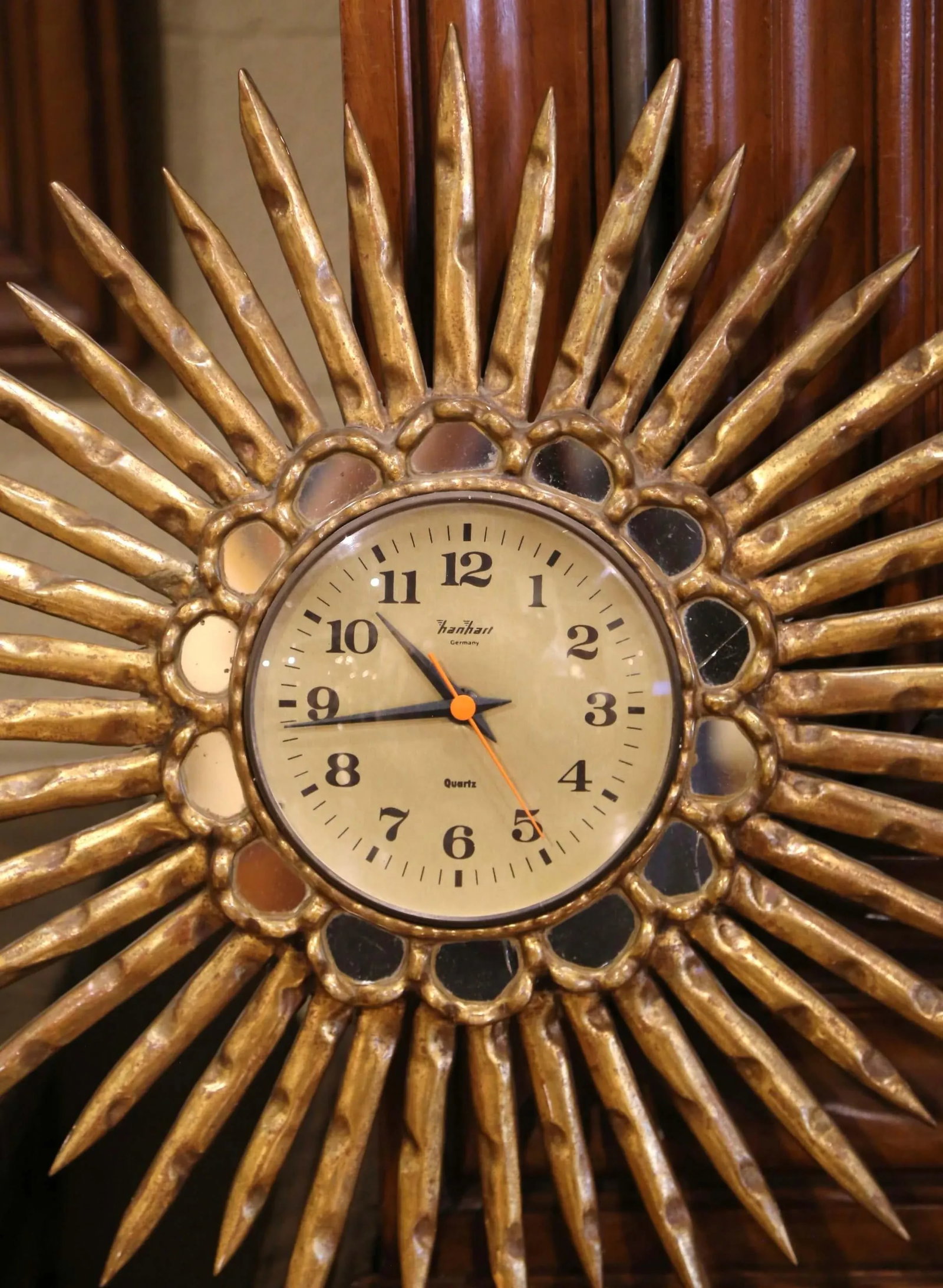 Mid 20th Century Mid-Century Spanish Carved Giltwood Sunburst Wall Clock With Mirrored Insets - 5