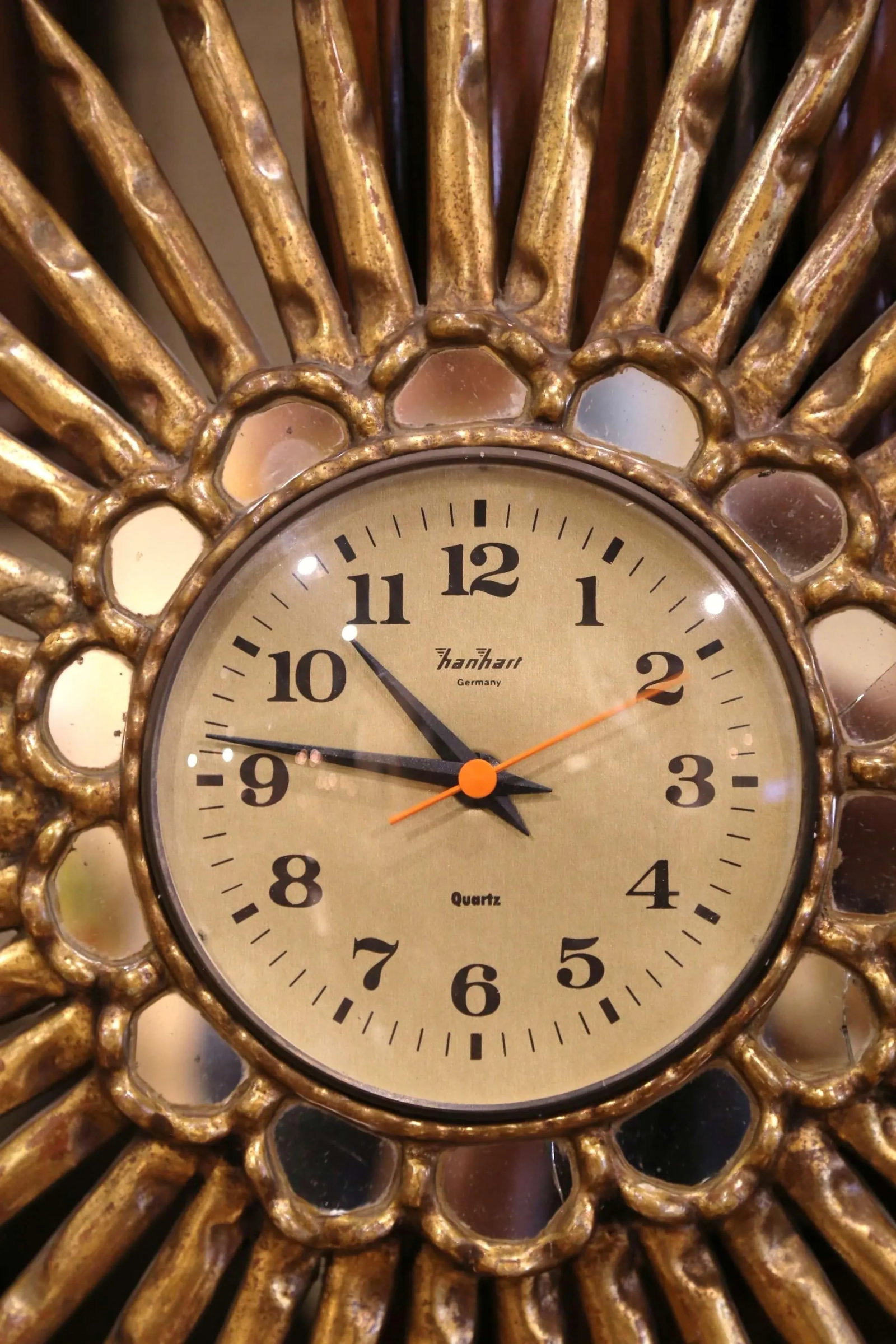 Mid 20th Century Mid-Century Spanish Carved Giltwood Sunburst Wall Clock With Mirrored Insets - 6