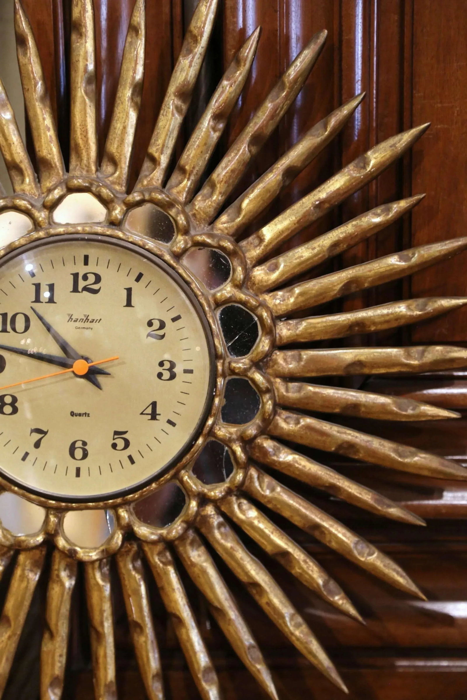 Mid 20th Century Mid-Century Spanish Carved Giltwood Sunburst Wall Clock With Mirrored Insets - 7