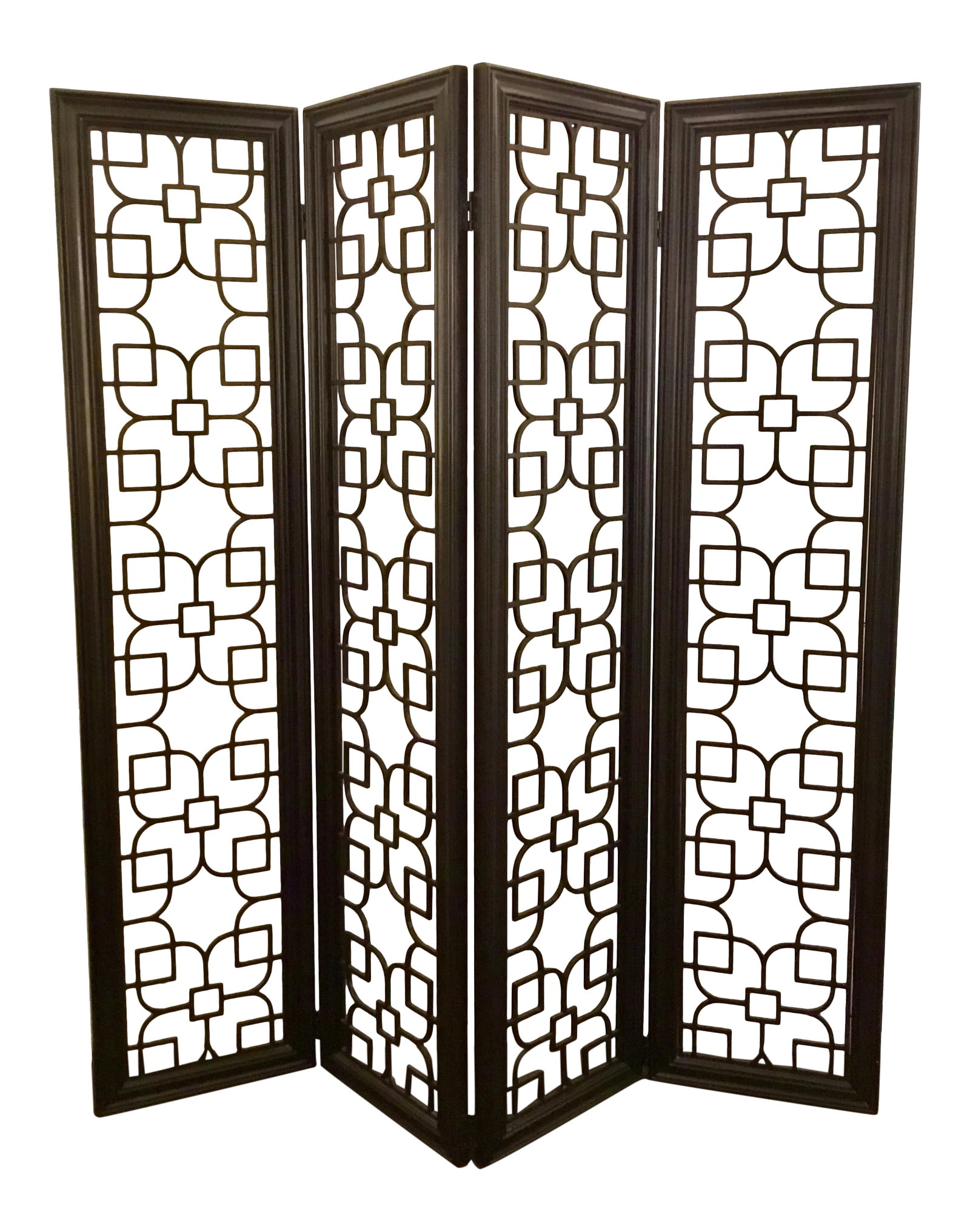 Modern Fret Work Ebony Finished Wood Room Divider: Stylish Modern Fret Work Ebony Finished Wood Room Divider, metal fret work, showroom floor sample Condition: Imperfections: Some Imperfections Condition Notes: Showroom floor sample Materials &