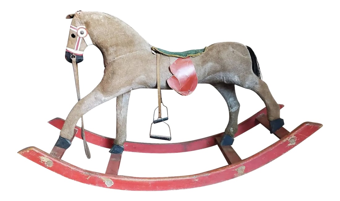 Antique American Carved & Painted Early Rocking Horse: A beautiful turn of the 19th/20th century early rocking horse, handcrafted, carved from solid wood, polychrome painted, having original horse hair tail, elegant soft velvet fur like fabric finish, com