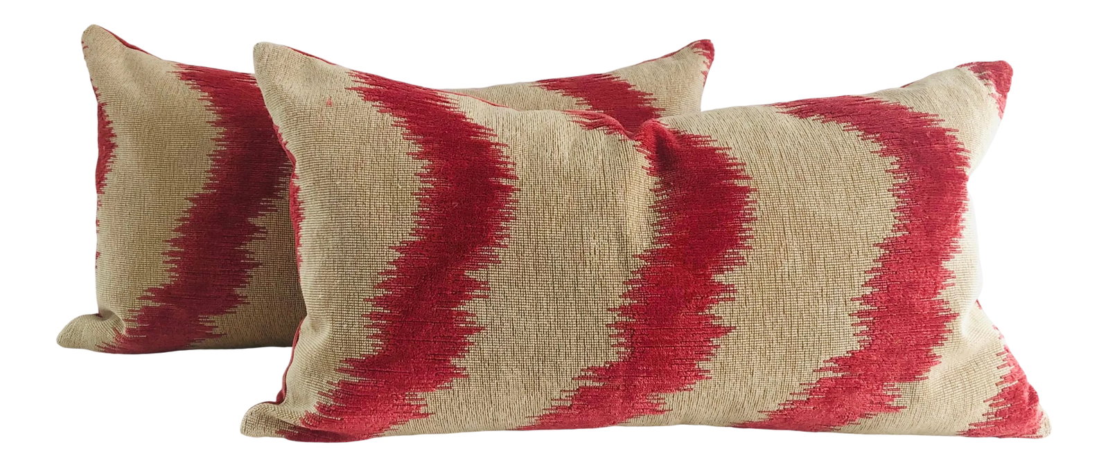Contemporary Lumbar Pillows in Colony Fabrics "Rio" - a Pair: This is a beautiful pair of lumbar pillows in Colony Fabrics "Rio" fabric in Ceraja color way. Each pillow is backed with velvet, invisible zipper closure and feather down insert. Condition: