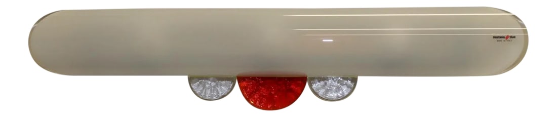 1980s Mid-Century Modern Murano Glass Wall Lamp: 1980s Mid-Century Modern Wall Lamp Murano Milky White Glass with Cast Glass Accents in Crystal-Red-Crystal. "Trio" designed by Rosanna Toso and Paolo Crepax for Murano Due. Dimensions: Width 27.50" -