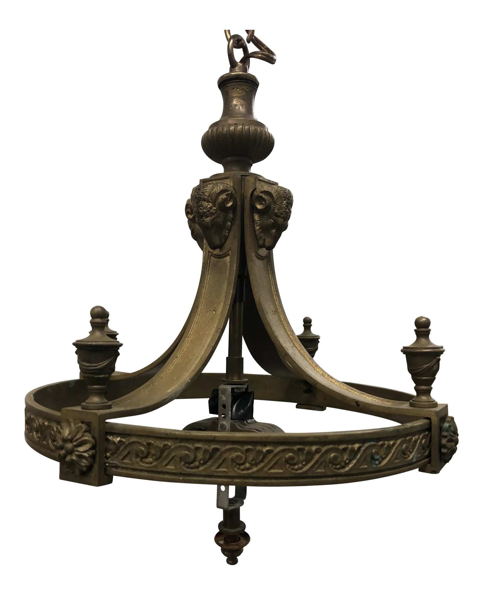 Antique Neoclassical Empire Style Ram Heads Bronze Chandelier: Fine neoclassical empire-style ram heads bronze chandelier. In working order, but it is likely that it originally had a glass dome, which can be replaced or used as is. Enjoy! Condition: Alterations: