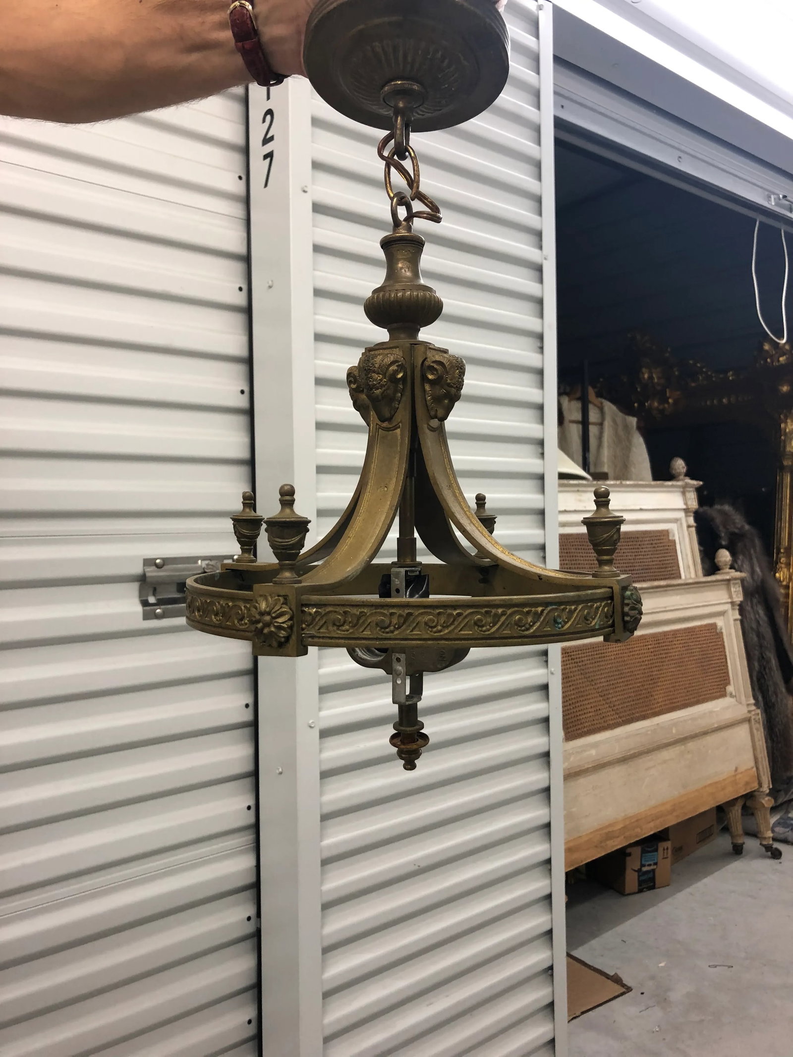 Antique Neoclassical Empire Style Ram Heads Bronze Chandelier - 2
