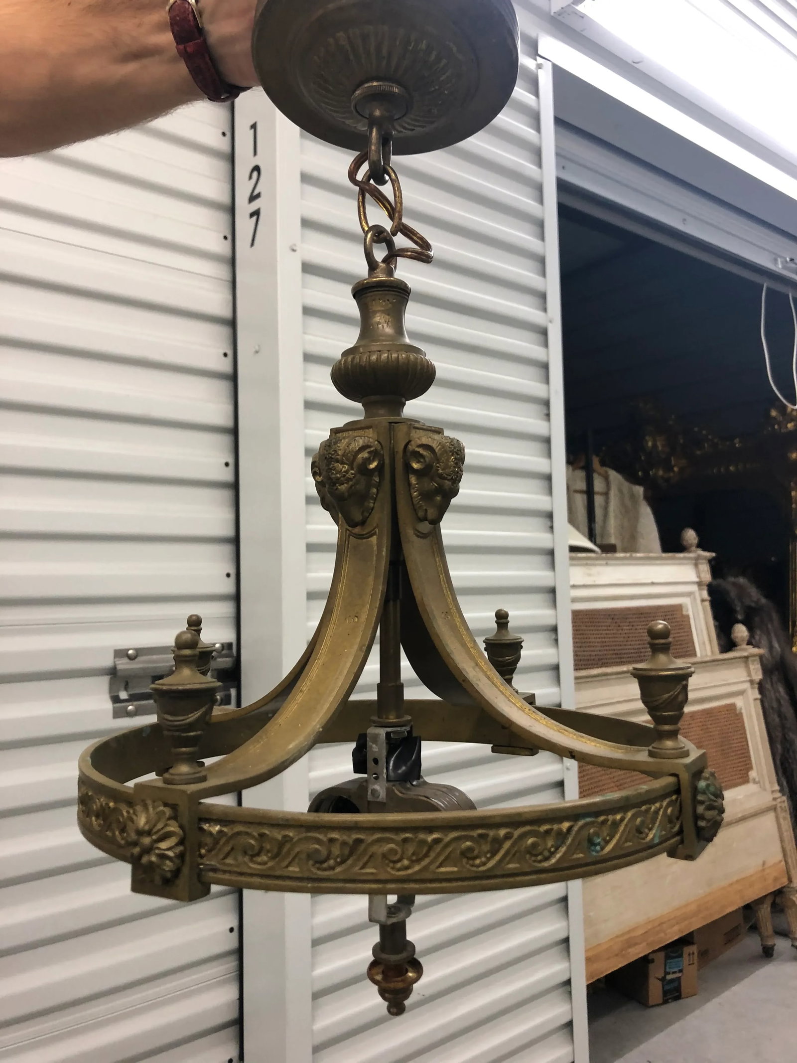 Antique Neoclassical Empire Style Ram Heads Bronze Chandelier - 3