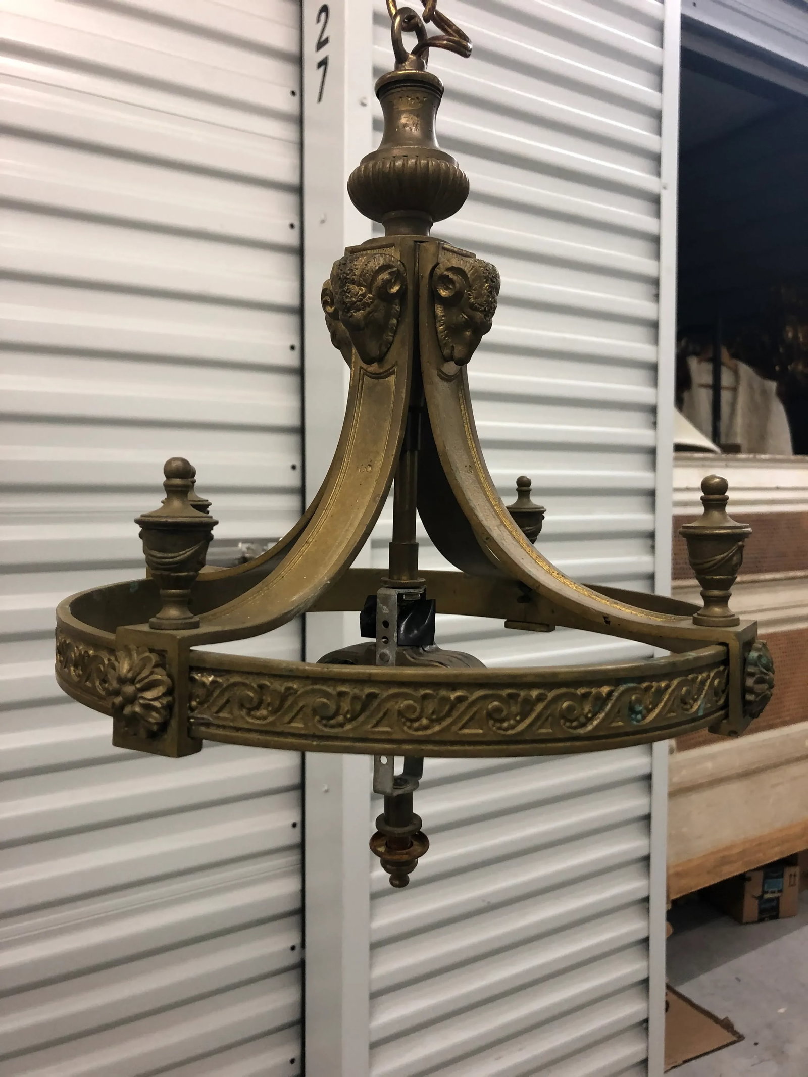 Antique Neoclassical Empire Style Ram Heads Bronze Chandelier - 6