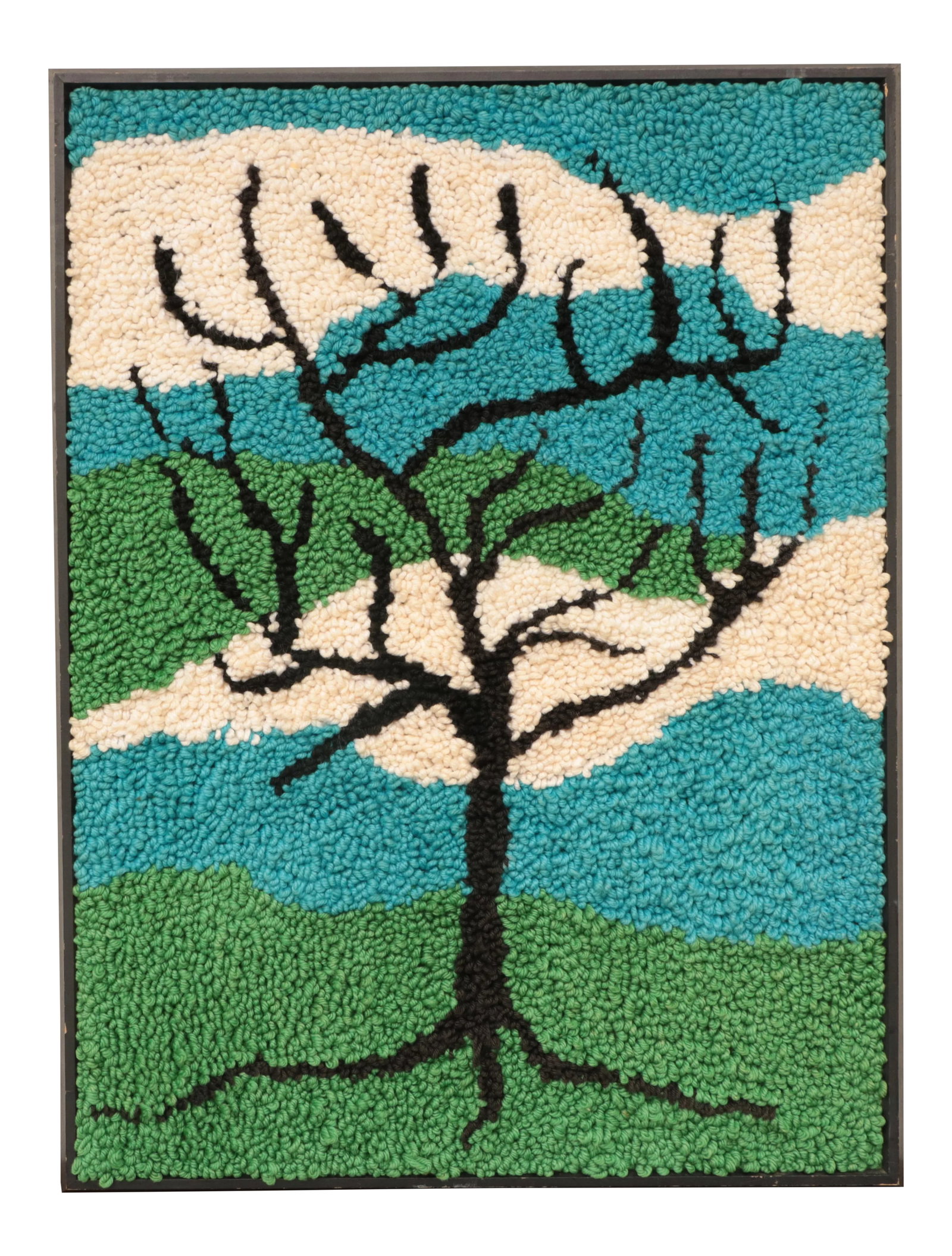 Tree Silhouette Framed Hand Hooked Tapestry: This mid century tapestry is housed in its original black wooden frame and hand hooked in the style of Bill Hinz. Condition: Alterations: Original Condition Unaltered Imperfections: Some