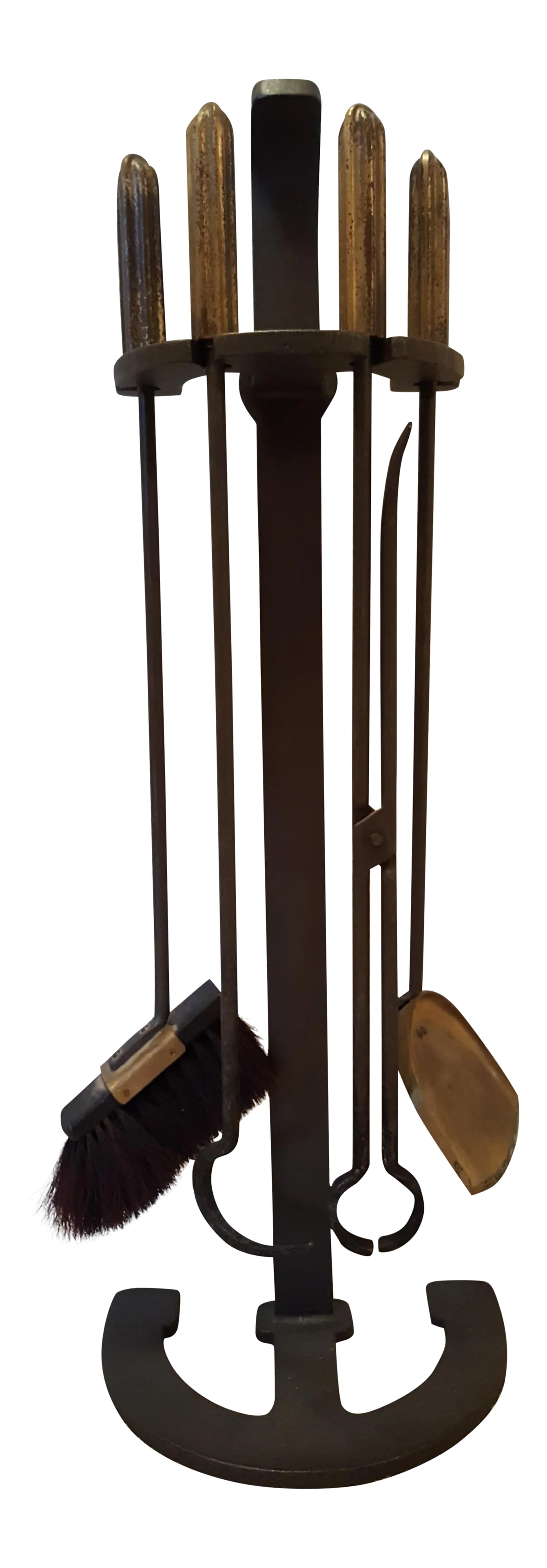 Mid Century Brass Iron Fireplace Tool Set: Impressive, super heavy, modernist fire tool set including shapely solid iron holder and four firetools in wrought iron with grooved solid brass handles. Nice condition for its age with beautiful