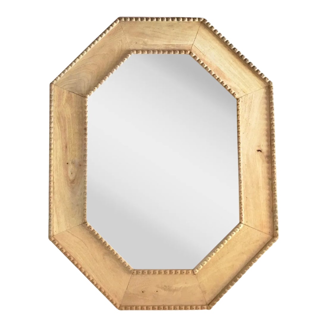 Extra Large White Oak Mirror: Flat cut solid white oak, natural finish. Round-Demi molding with 276 nail head detail. Beveled edge mirror. Transitional style, blends well coastal, bohemian chic. Can be used in protected outside