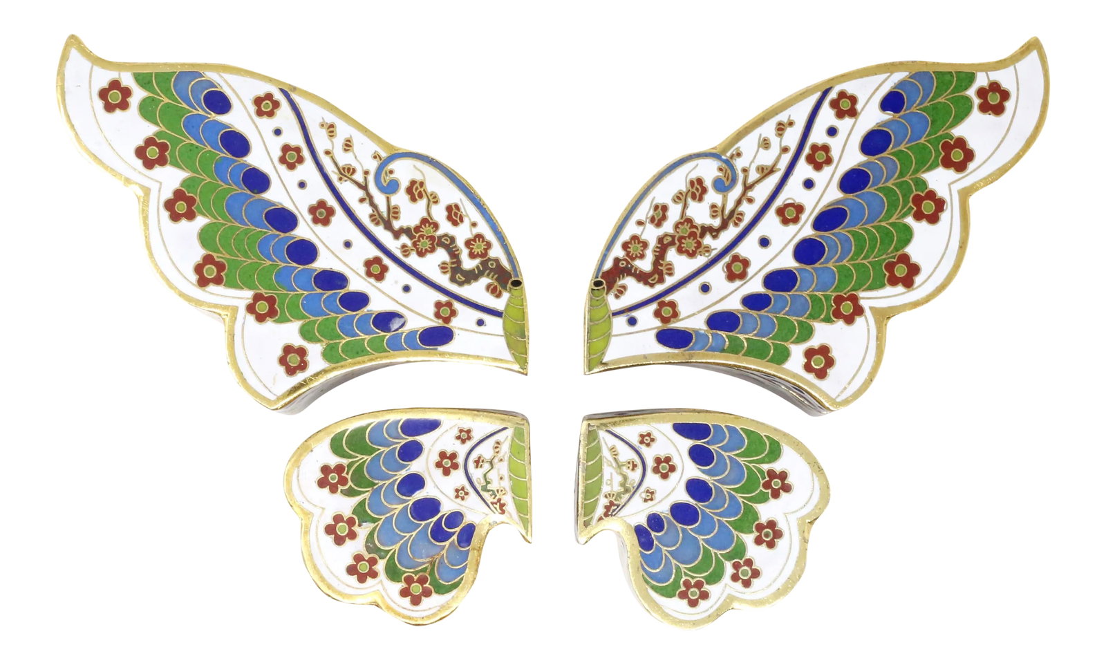 Vintage 4-Piece Cloisonne Butterfly Boxes - Set of 4: A set of four metal boxes with elaborate geometric and cherry blossom cloisonne design, which assemble to form larger butterfly. Metal areas are gold colored. The inside and bottom of the boxes have